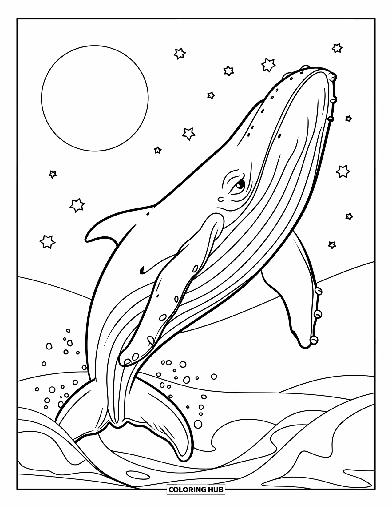 Kolorowanka z wielorybem dla dzieci: Majestatyczny wieloryb wyskakuje pod świecącym księżycem w pełni, otoczony falami oceanu i migoczącymi gwiazdami