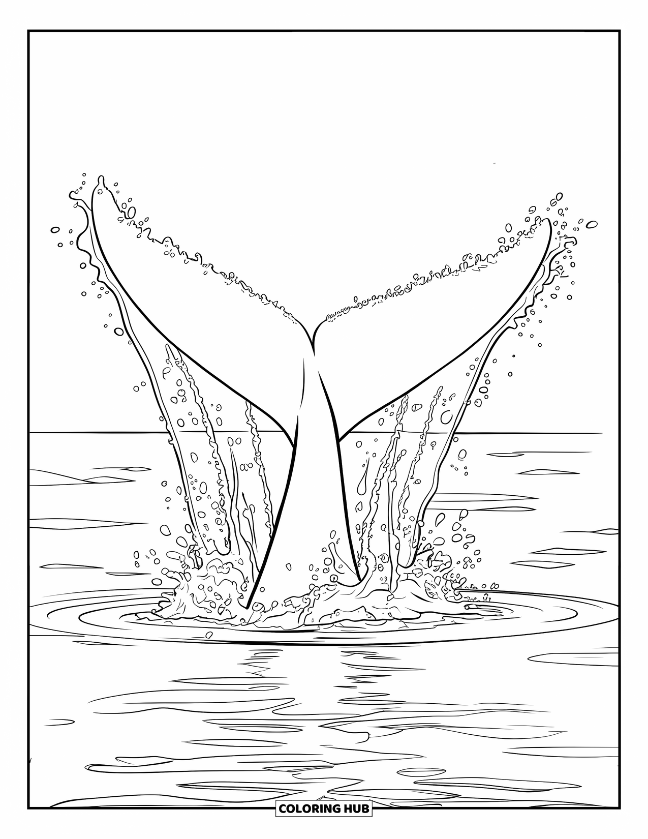 Kolorowanka z wielorybem dla dzieci: Majestatyczny ogon wieloryba pluska wysoko nad wodą, a kropelki rozpraszają się we wszystkich kierunkach