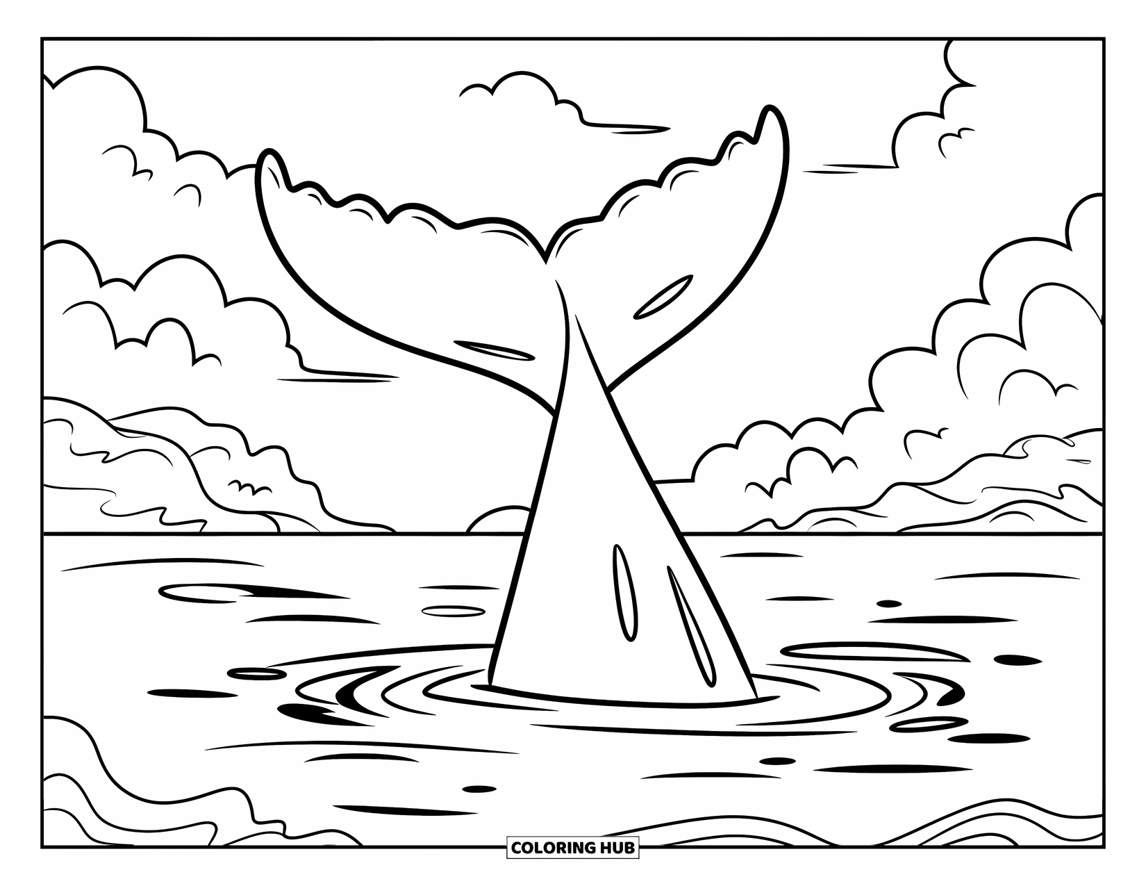 Kolorowanka z wielorybem dla dzieci: Ogromny ogon wieloryba pluska w morzu, a fale toczą się, gdy chmury dryfują powyżej