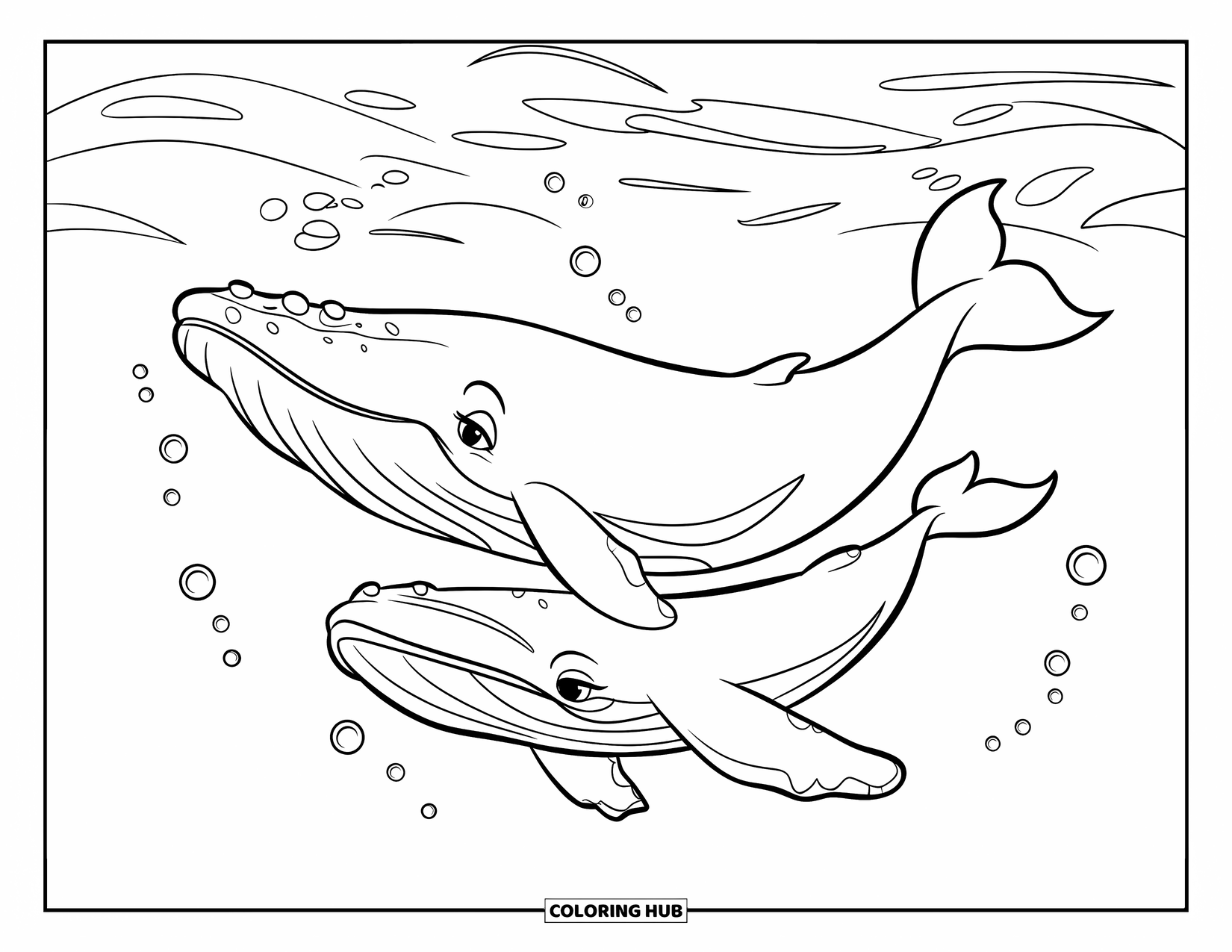 Kolorowanka z wielorybem dla dzieci: Mama i mały wieloryb unoszą się w spokojnych wodach, otoczeni delikatnymi falami i bańkami