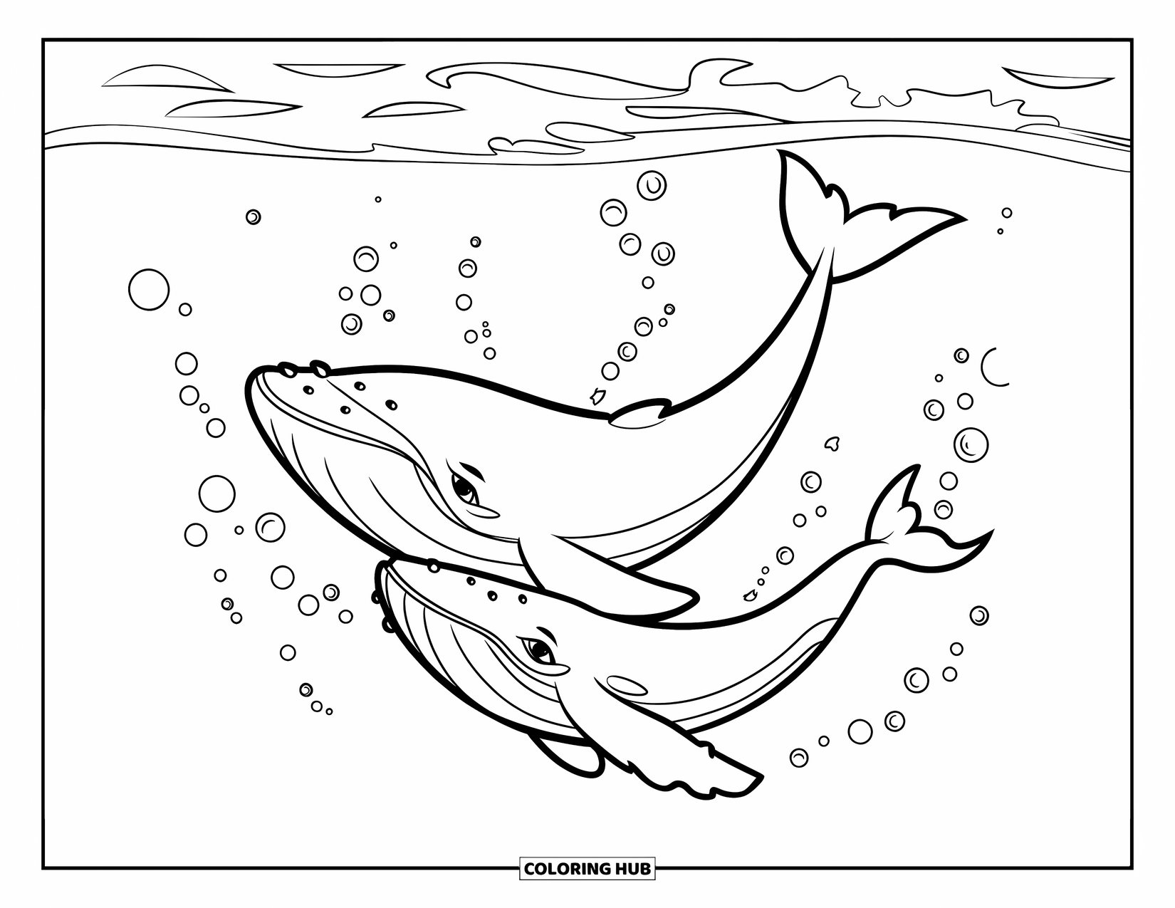 Kolorowanka z wielorybem dla dzieci: Mama i mały wieloryb płyną przez morze, a figlarne bańki unoszą się wokół nich