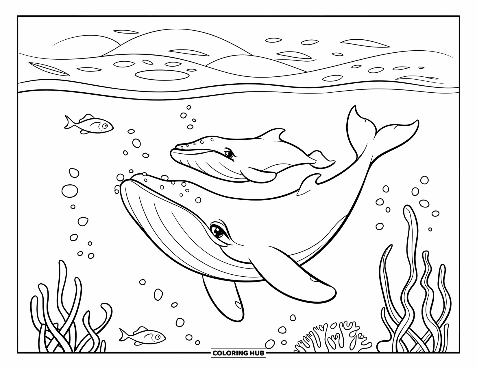 Kolorowanka z wielorybem dla dzieci: Mama i mały wieloryb pływają obok siebie, otoczeni rybami i kołyszącymi się wodorostami