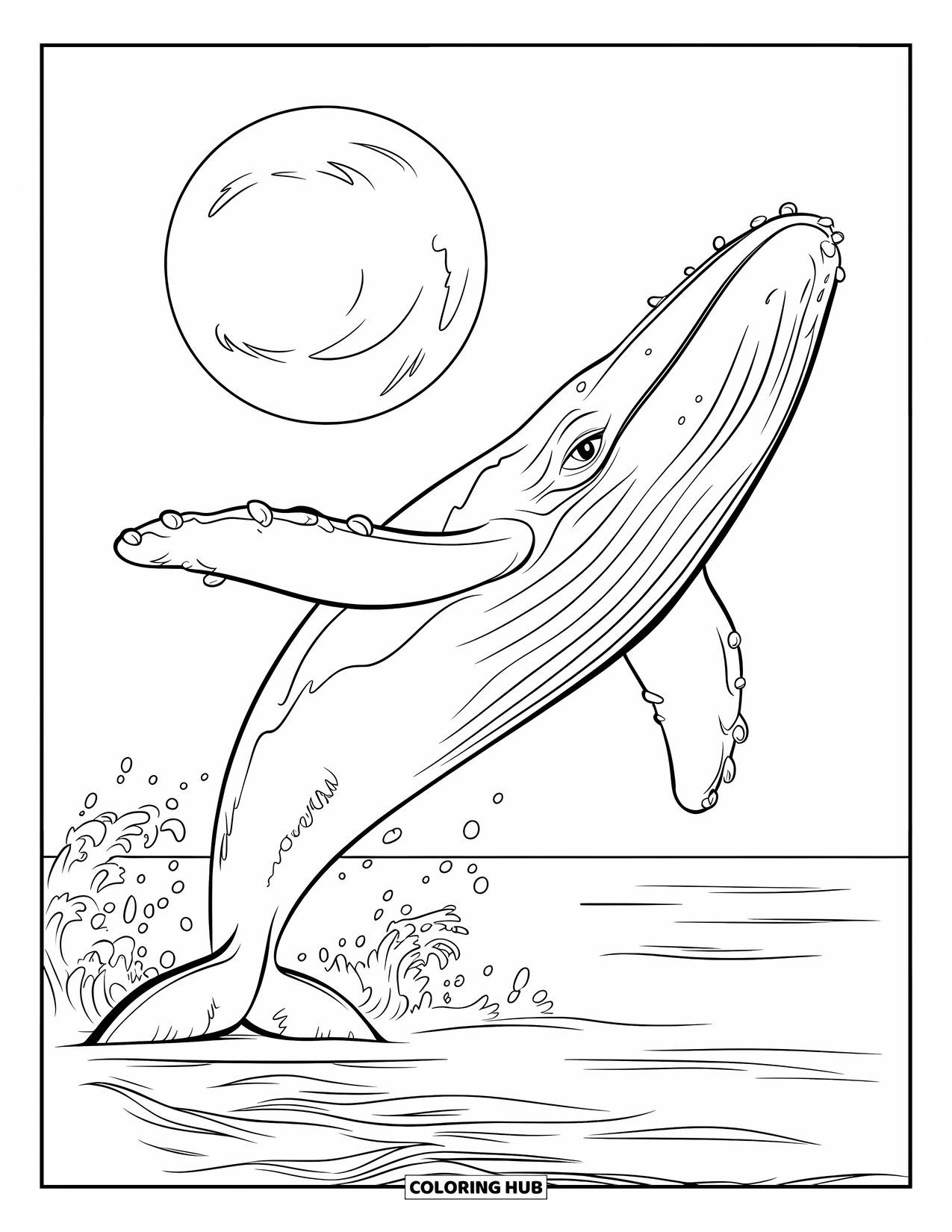 Kolorowanka z wielorybem dla dzieci: Potężny wieloryb wyskakuje z morza pod księżycem w pełni, a fale falują wokół jego ciała