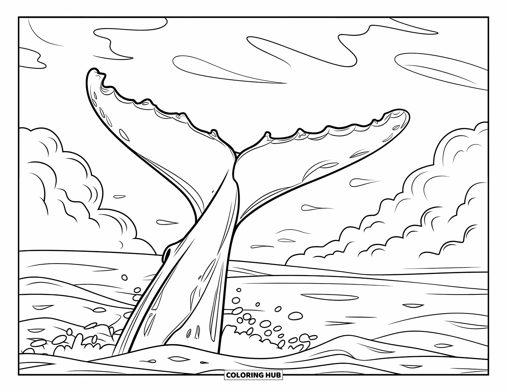 Kolorowanka z wielorybem dla dzieci: Potężny ogon wieloryba wznosi się z oceanu, tworząc zmarszczki pod pochmurnym niebem