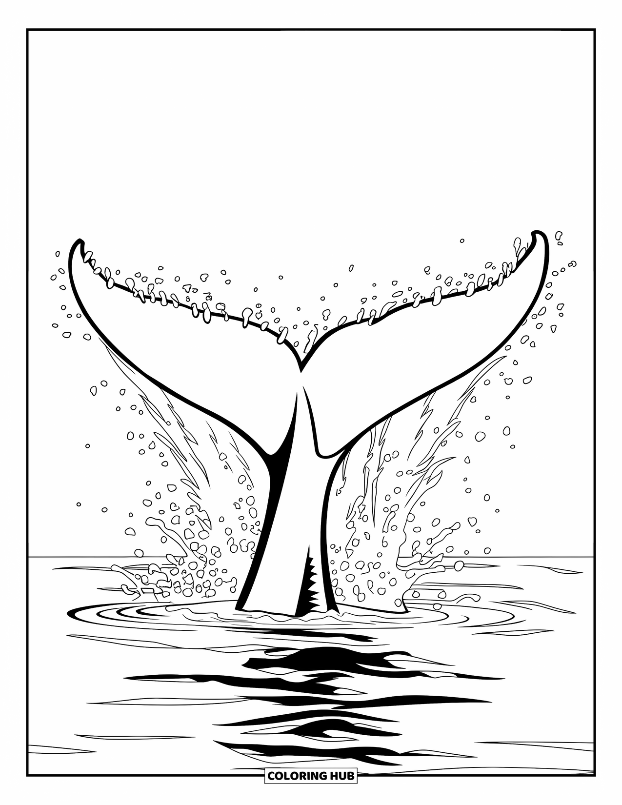 Kolorowanka z wielorybem dla dzieci: Potężny ogon wieloryba wznosi się z morza, wysyłając dramatyczny strumień wody w powietrze