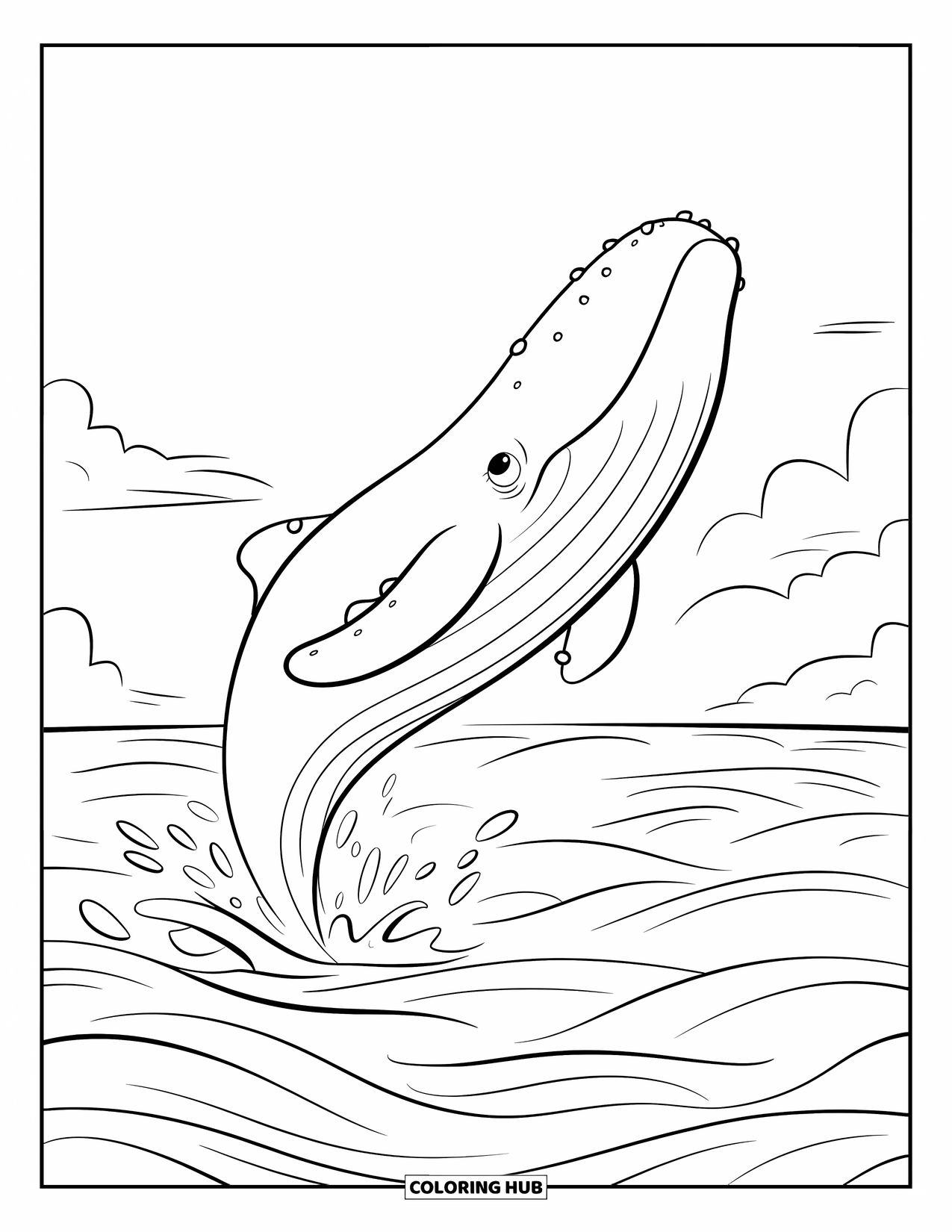 Kolorowanka z wielorybem dla dzieci: Wieloryb o okrągłym ciele skacze wysoko, otoczony delikatnymi falami pod niebem z dryfującymi chmurami