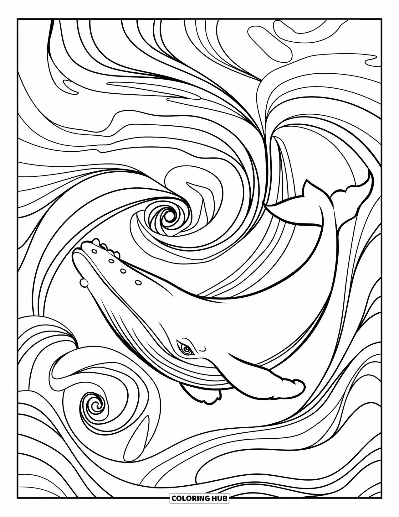 Kolorowanka z wielorybem dla dzieci: Smukły wieloryb płynie przez spiralne prądy, a fale tworzą misterne wzory wokół jego ciała