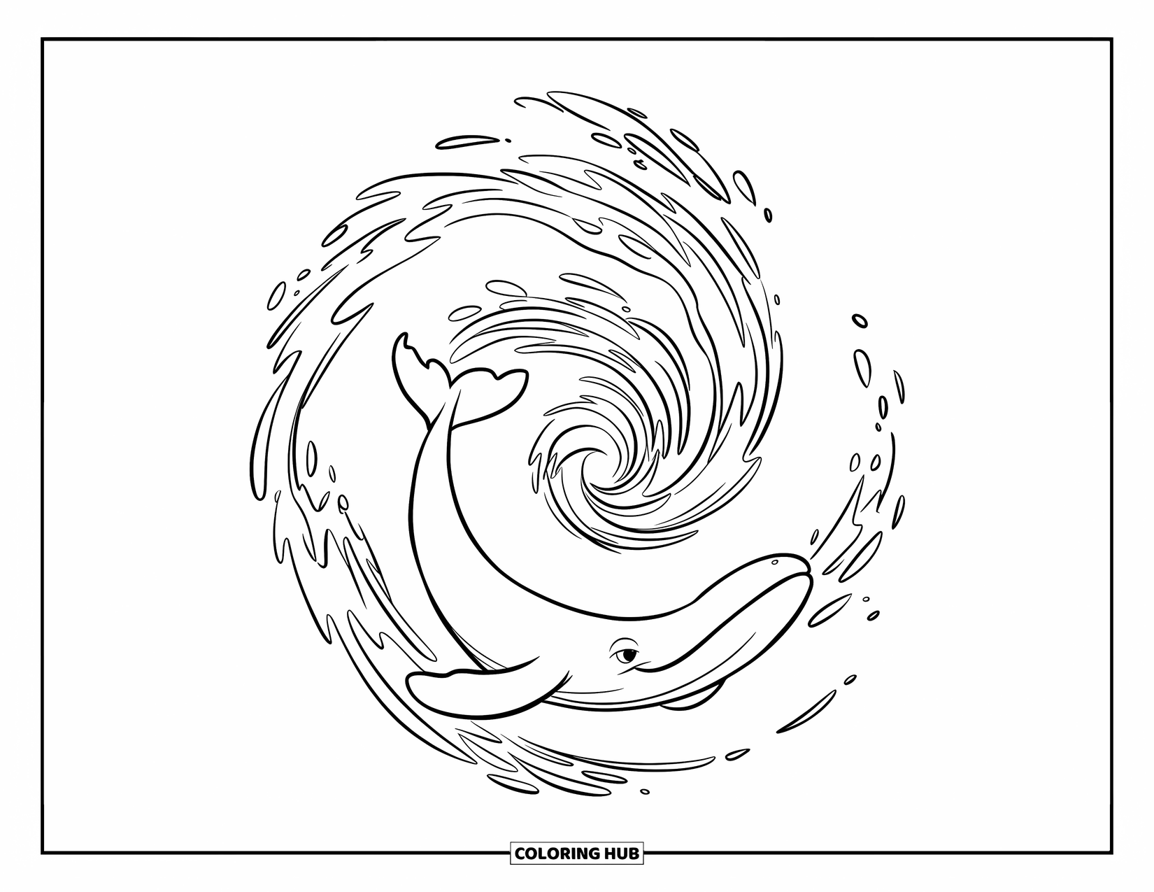 Kolorowanka z wielorybem dla dzieci: Mały wieloryb dryfuje w spiralnym prądzie, z dużym pyskiem otwartym w spokojnym wyrazie