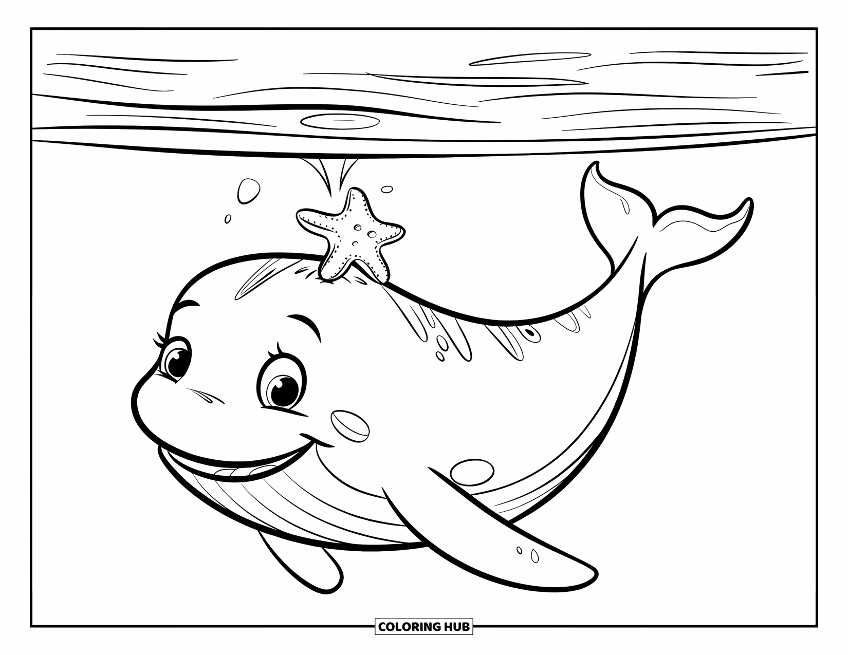 Kolorowanka z wielorybem dla dzieci: Uśmiechnięty wieloryb unosi się spokojnie, z małą rozgwiazdą spoczywającą na jego grzbiecie