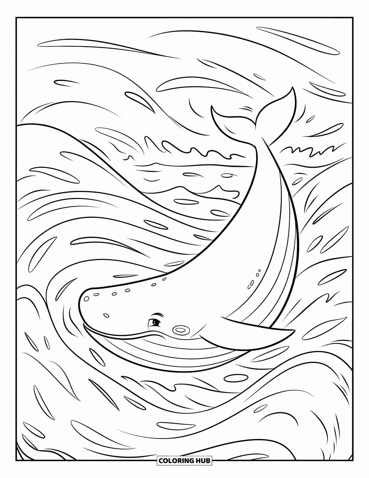 Kolorowanka z wielorybem dla dzieci: Uśmiechnięty wieloryb porusza się po morzu, otoczony wdzięcznymi falami i płynącymi prądami wody