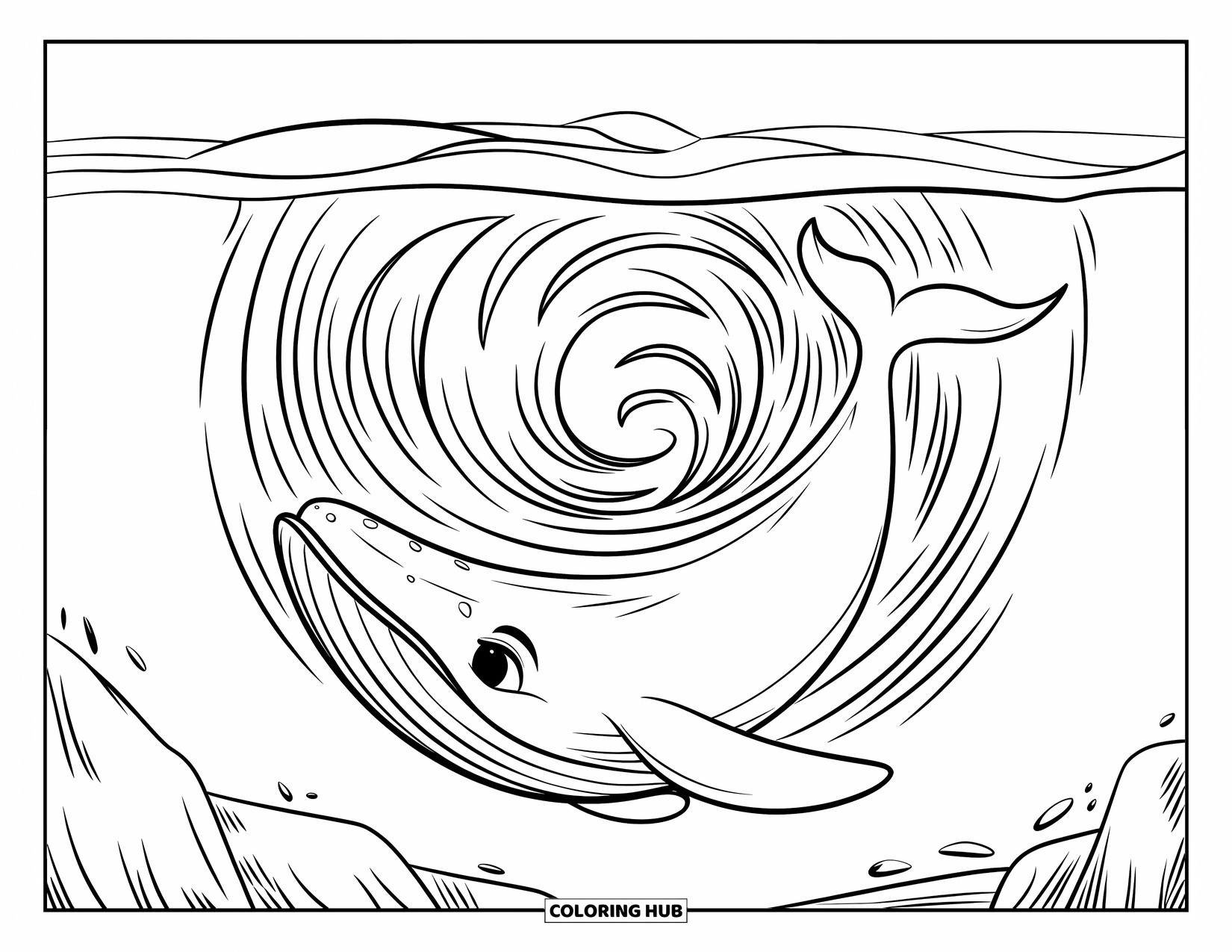 Kolorowanka z wielorybem dla dzieci: Wieloryb unosi się w oceanie, a spiralne fale tańczą wokół jego smukłego ciała