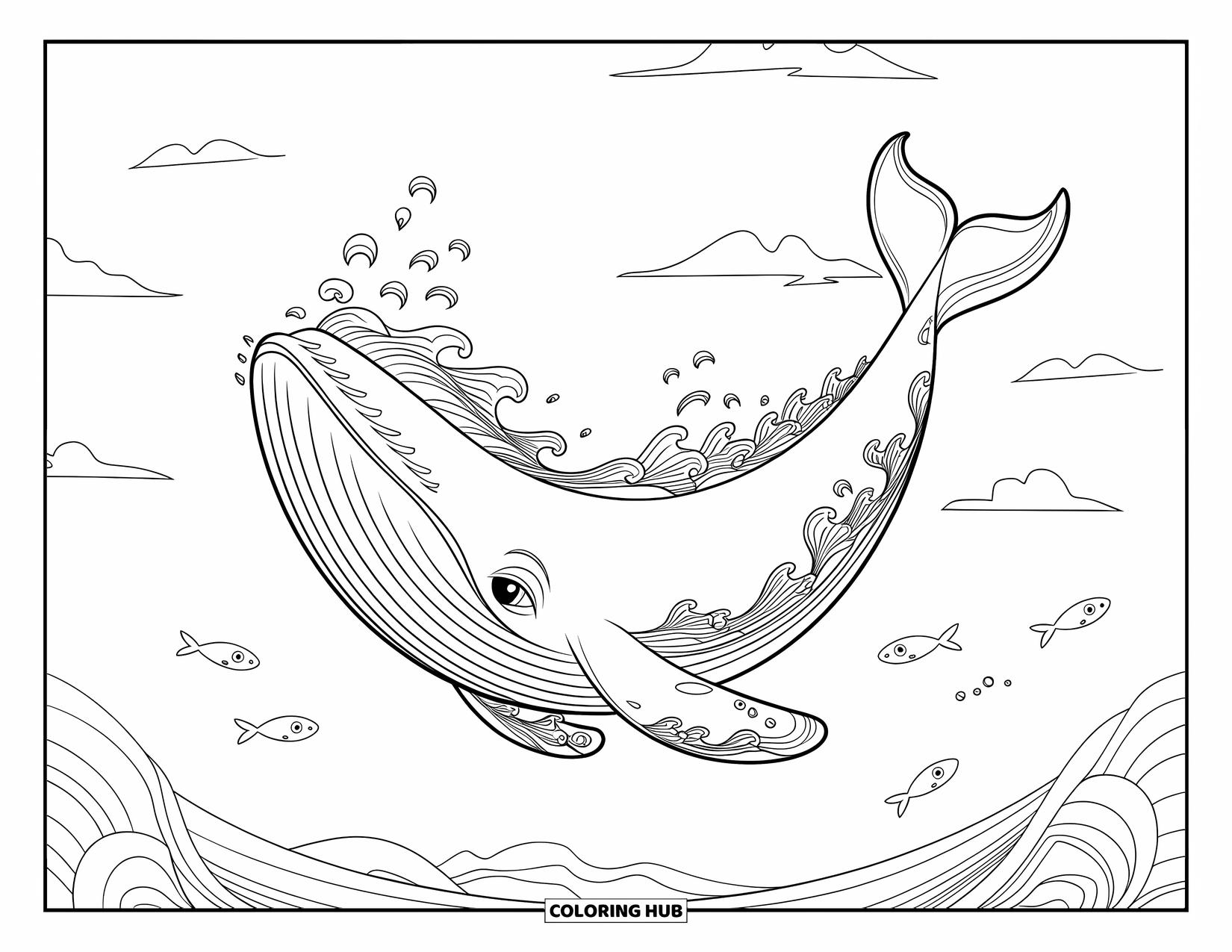 Kolorowanka z wielorybem dla dzieci: Wieloryb płynie przez morze, otoczony figlarnymi rybkami i delikatnymi falami oceanu