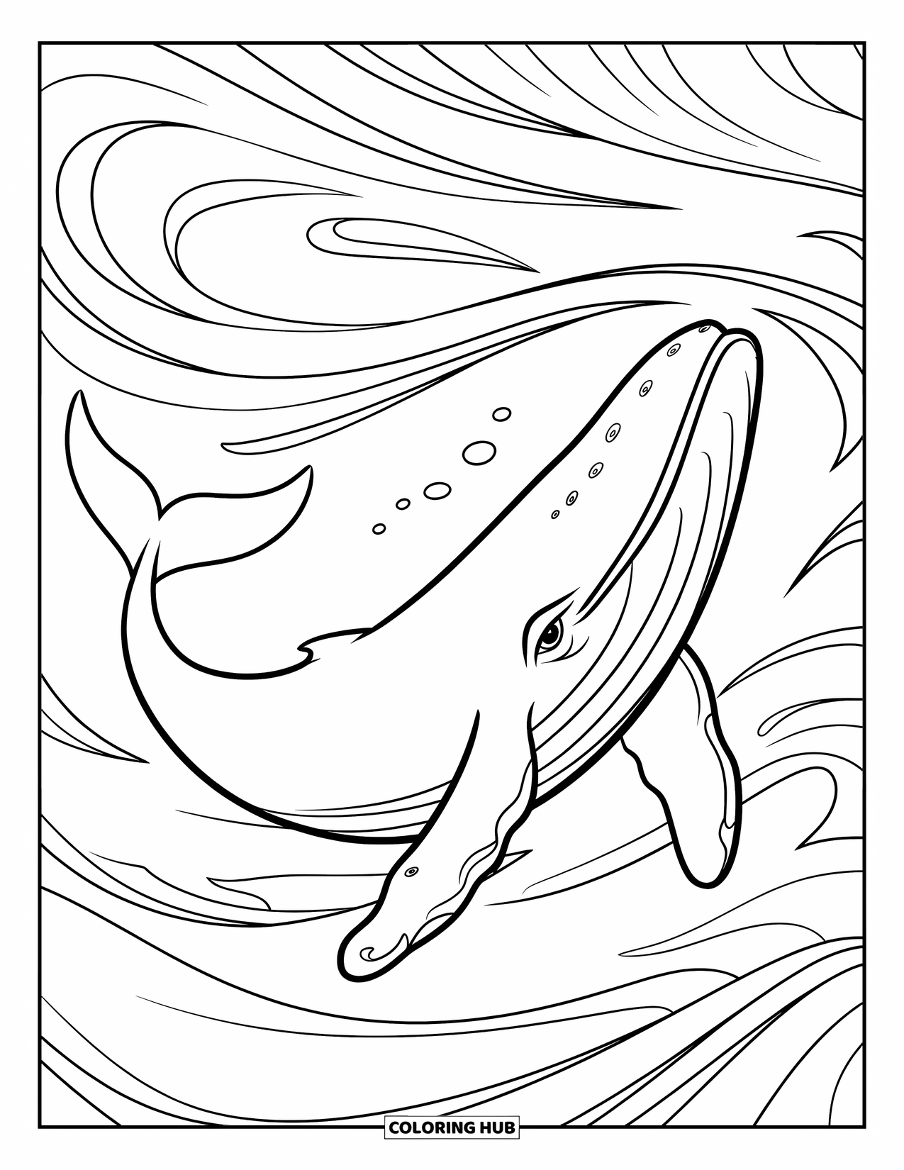 Kolorowanka z wielorybem dla dzieci: Wieloryb pływa przez ocean, otoczony eleganckimi, wirującymi falami i dynamicznymi wzorami wodnymi
