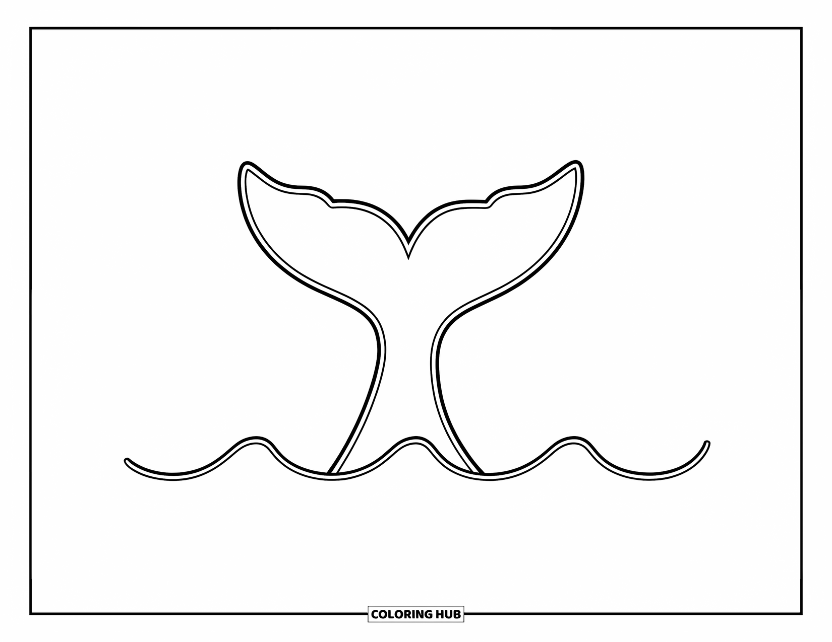 Kolorowanka z wielorybem dla dzieci: Ogon wieloryba wyłania się z oceanu, otoczony delikatnymi falami i falującą wodą