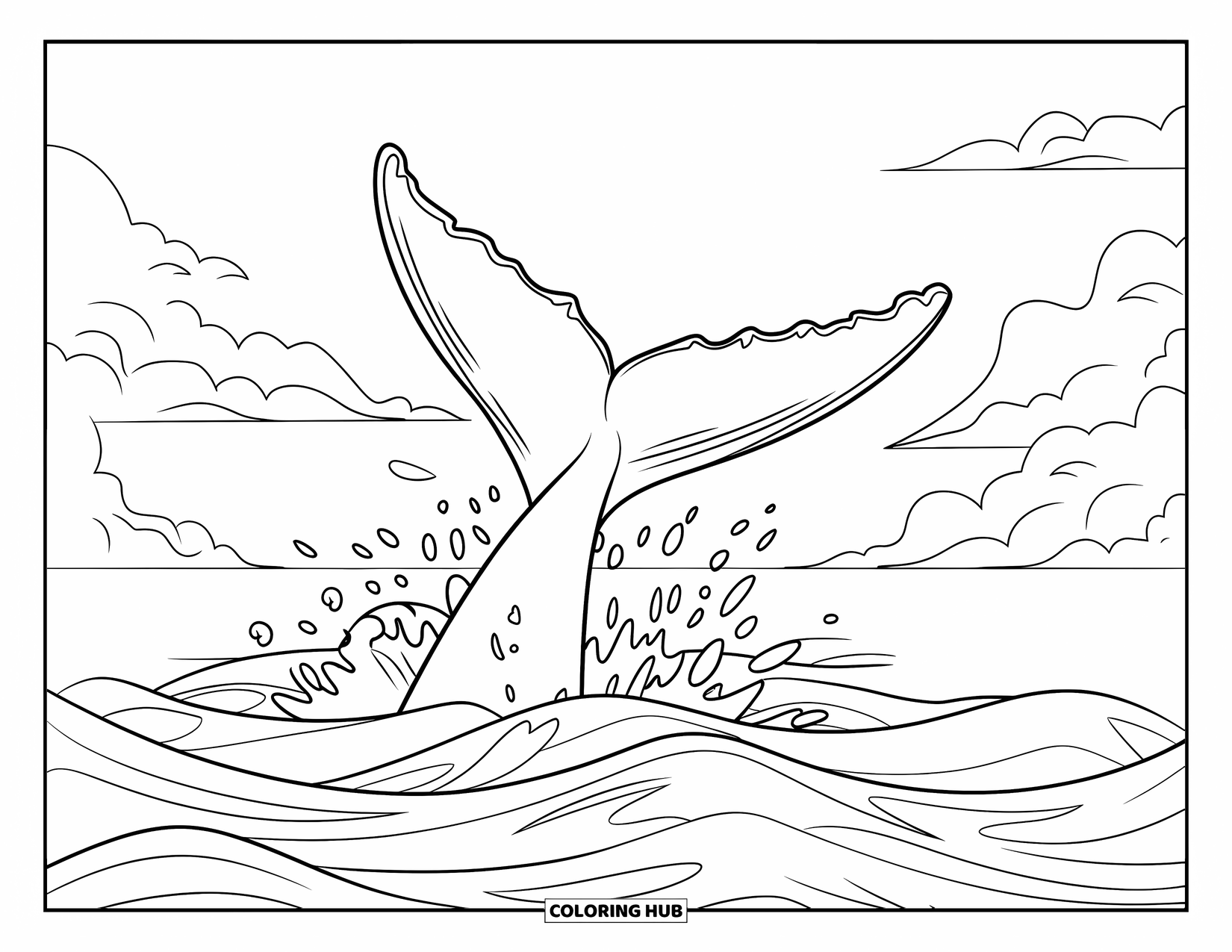 Kolorowanka z wielorybem dla dzieci: Ogon wieloryba dramatycznie wywija się w oceanie, z falującymi falami i miękkimi chmurami za nim