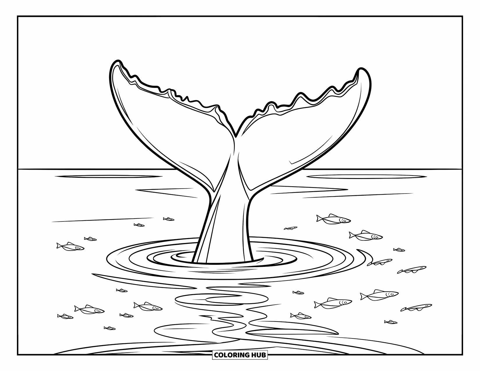 Kolorowanka z wielorybem dla dzieci: Ogon wieloryba unosi się wdzięcznie nad morzem, z delikatnymi falami i małymi rybkami pływającymi poniżej