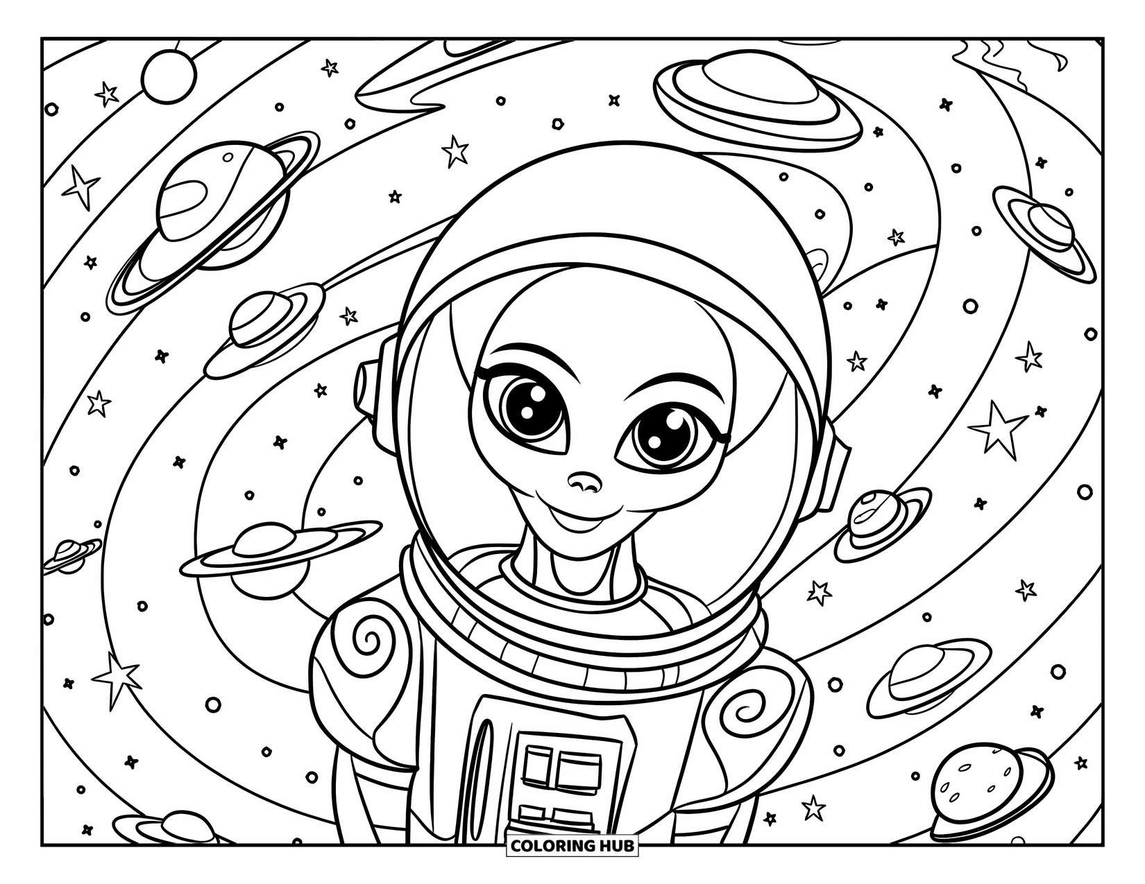 Coloriage d'alien pour adultes : Un alien calme est assis parmi des plantes spatiales tourbillonnantes sous un ciel étoilé