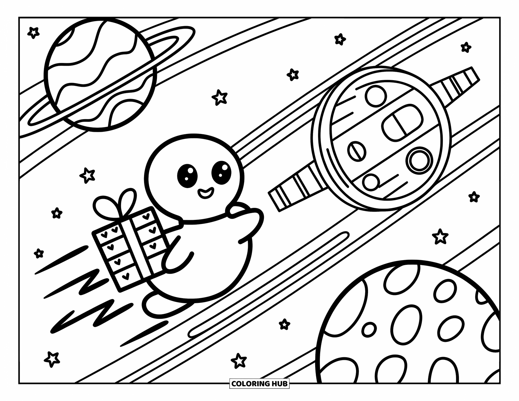 Coloriage d'alien pour adultes : Un alien joyeux traverse des traînées d'étoiles en transportant un cadeau vers un poste confortable