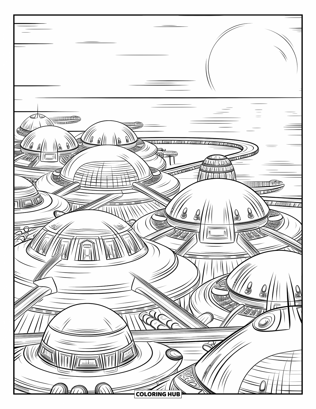 Coloriage d'alien pour adultes : Une ville alien rêveuse au bord de l'eau avec des dômes et un ciel de coucher de soleil brillant