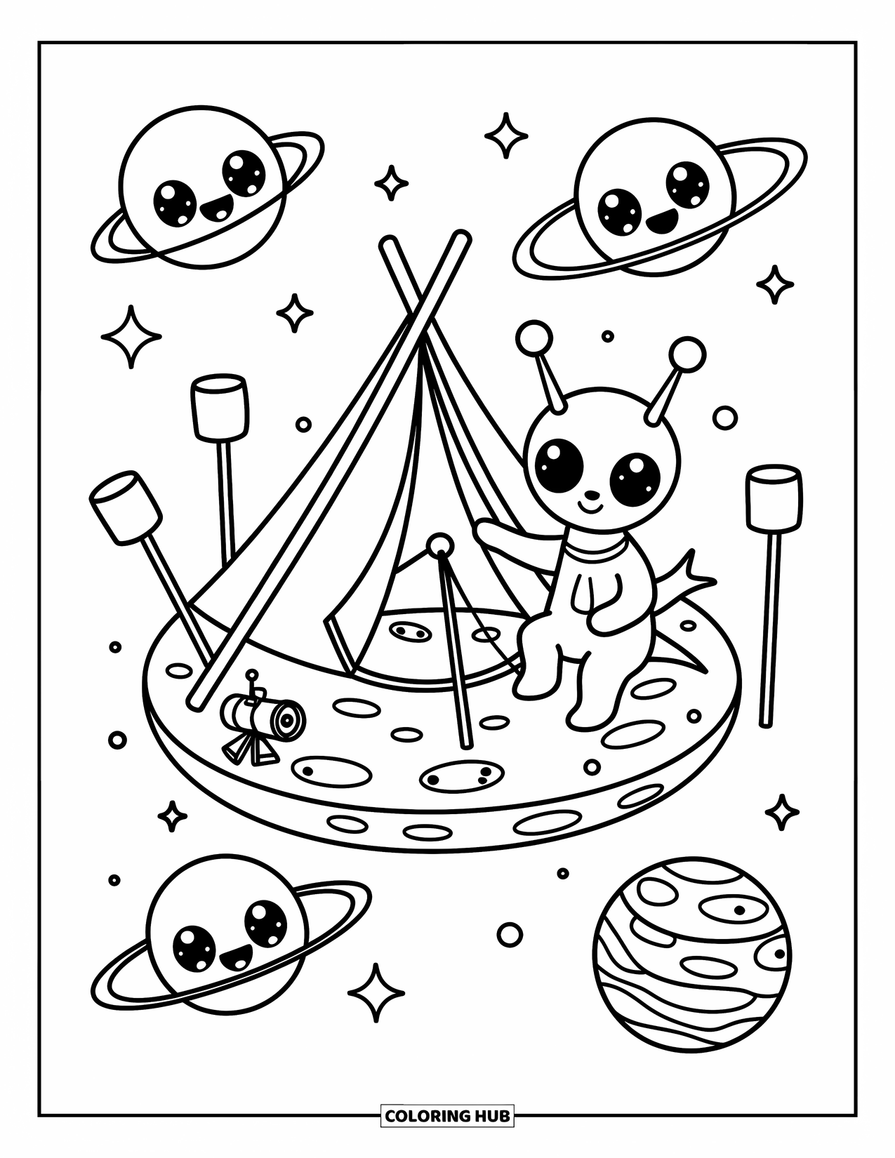 Coloriage d'alien pour adultes : Un alien heureux campe sur une lune avec des guimauves et un télescope à côté
