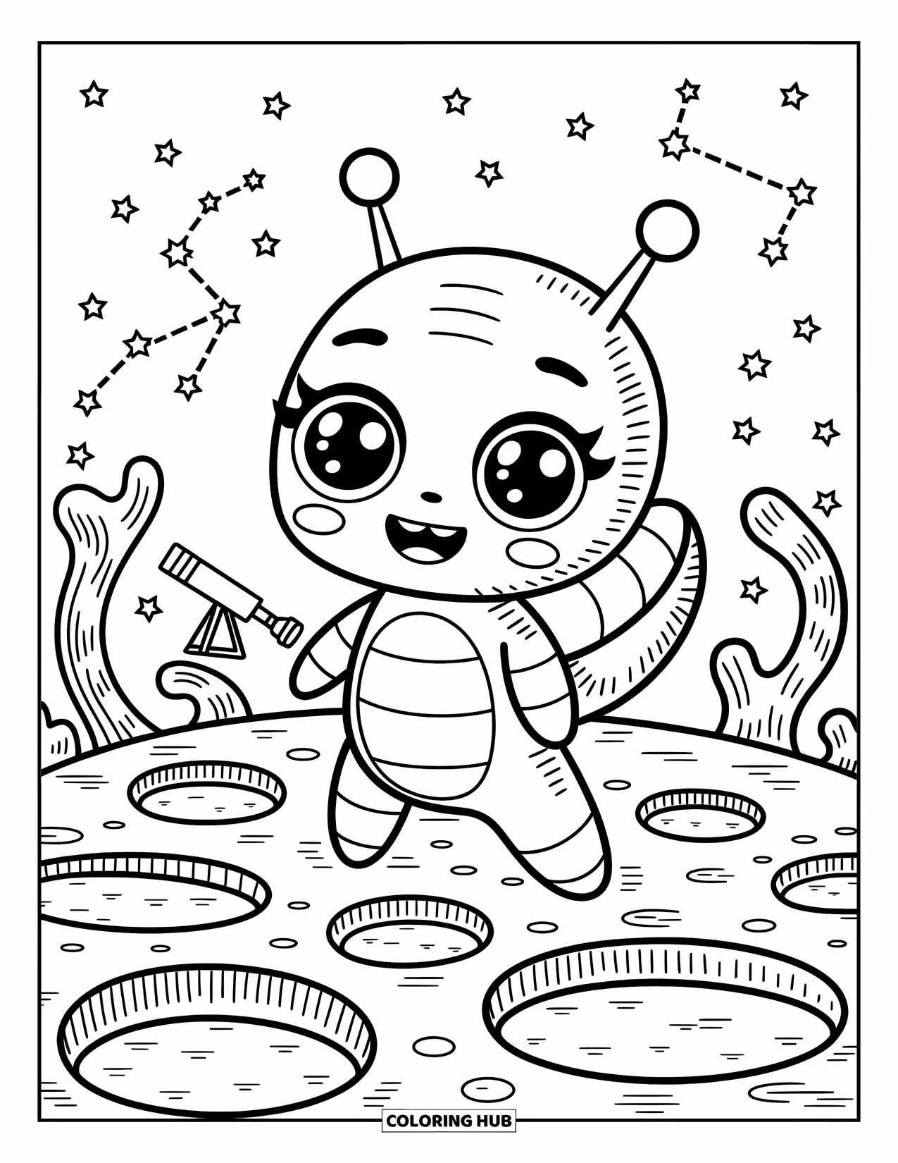 Coloriage d'alien pour adultes : Un alien joyeux explore des terrains de jeux de cratères tandis que des plantes gélatineuses rebondissent tout autour