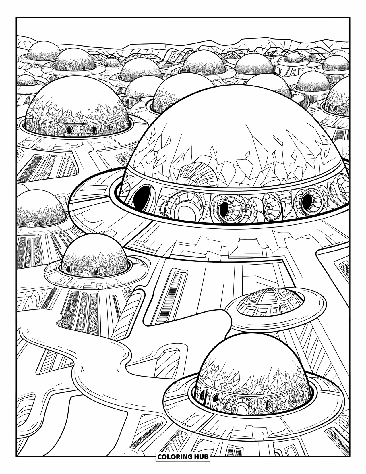 Coloriage d'alien pour adultes : Une ville alien paisible avec des bâtiments détaillés et des chemins flottant dans le ciel