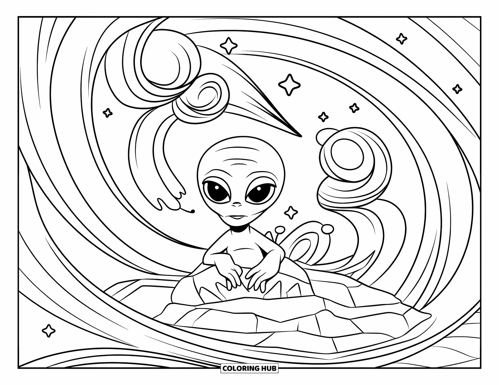 Coloriage d'alien pour adultes : Un alien paisible se repose sur un rocher entouré de plantes spatiales tourbillonnantes et d'étoiles