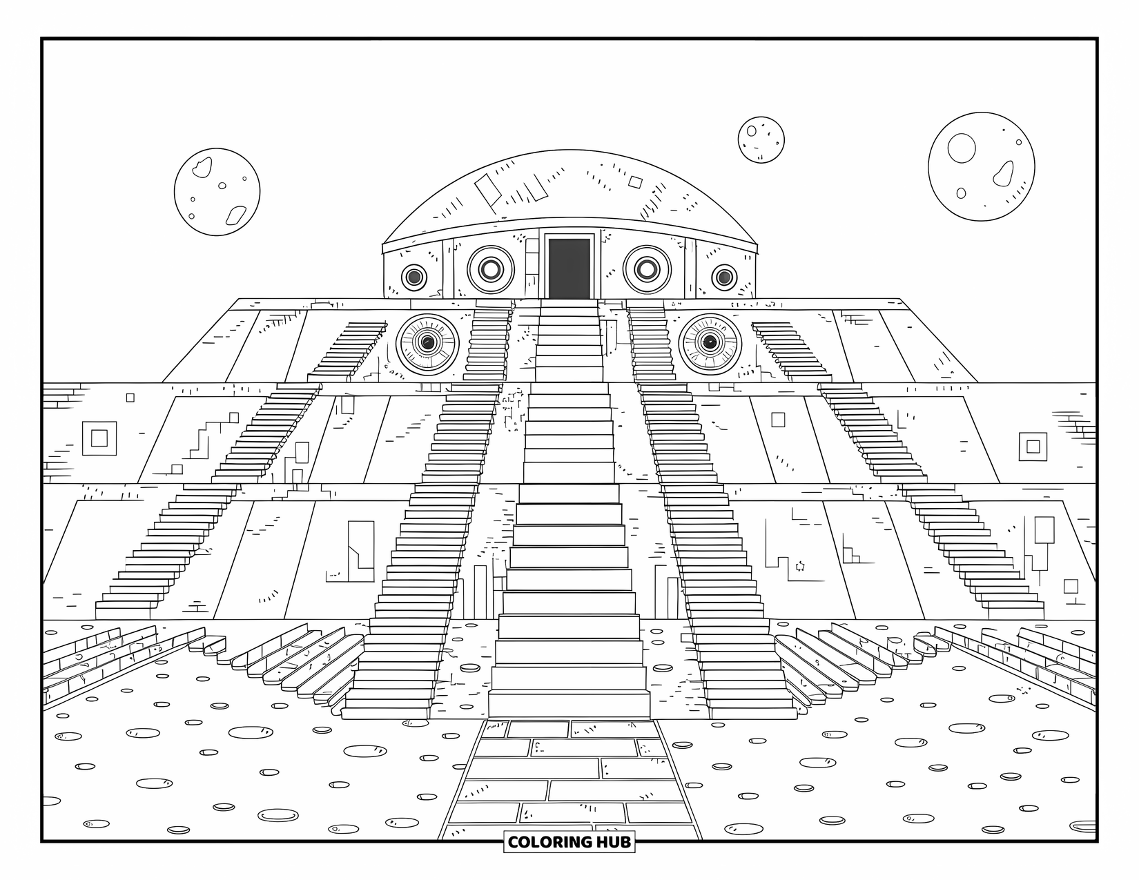 Coloriage d'alien pour adultes : Un temple alien paisible avec des escaliers, des lunes et des symboles mystérieux tout autour