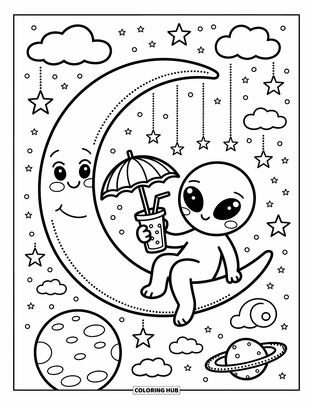 Coloriage d'alien pour adultes : Un alien relaxant sirote une boisson sur un hamac lunaire sous des étoiles suspendues