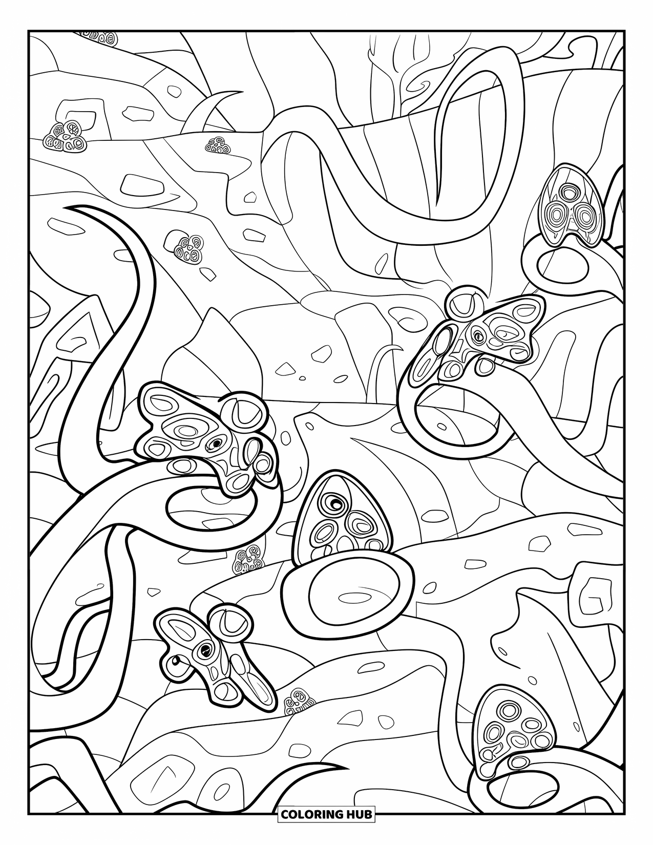 Coloriage d'alien pour adultes : Des plantes alien avec des pointes et des insectes avec de nombreux yeux dans un jardin rocheux