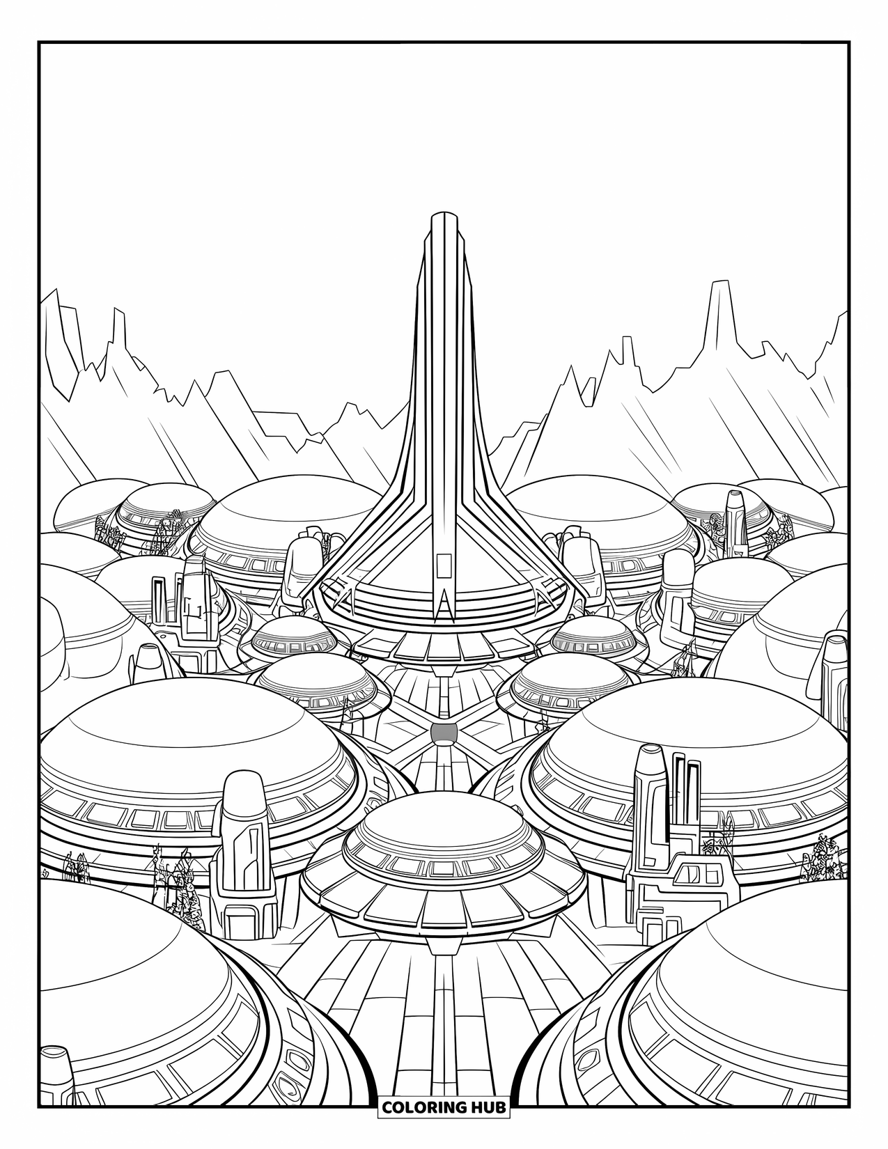 Coloriage d'alien pour adultes : Une ville alien avec des tours, des dômes et des ponts flottants près de montagnes lointaines