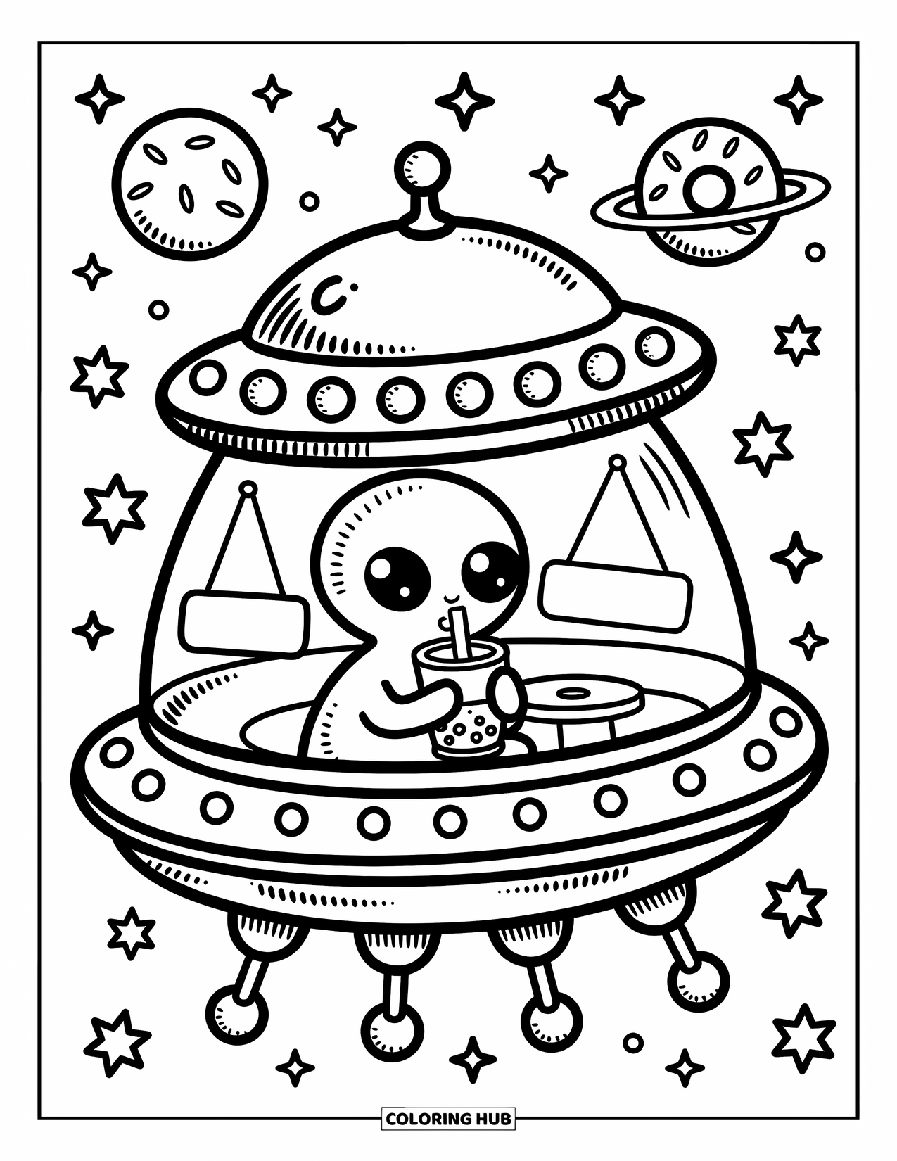 Coloriage d'alien pour adultes : Un alien apprécie le thé aux bulles dans un vaisseau spatial confortable entouré d'étoiles scintillantes