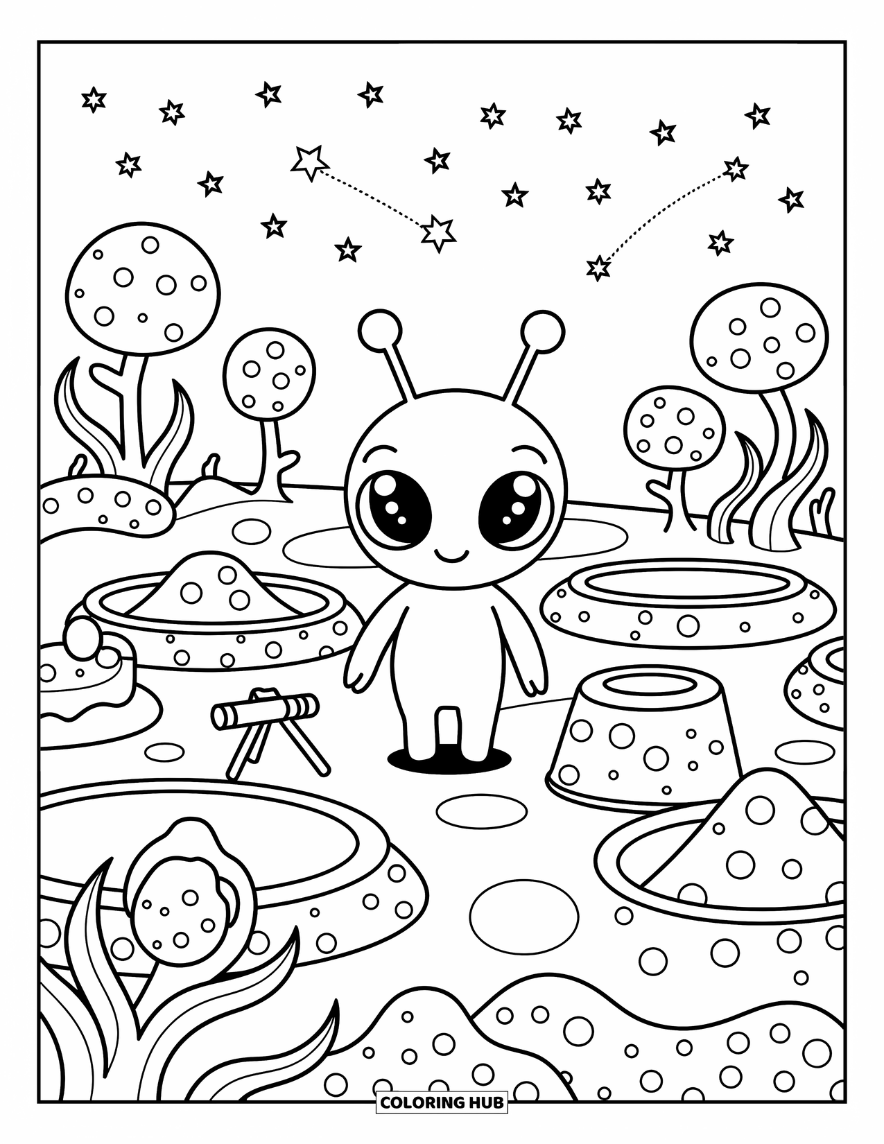 Coloriage d'alien pour adultes : Un alien explore un terrain de jeux rempli de cratères entouré de plantes gélatineuses rebondissantes