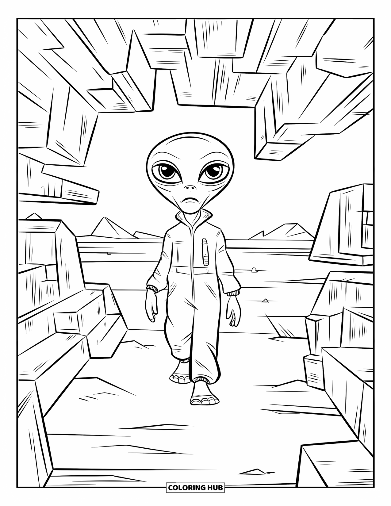 Coloriage d'alien pour adultes : Un alien explore un labyrinthe de formes cristallines flottantes dans l'espace ouvert
