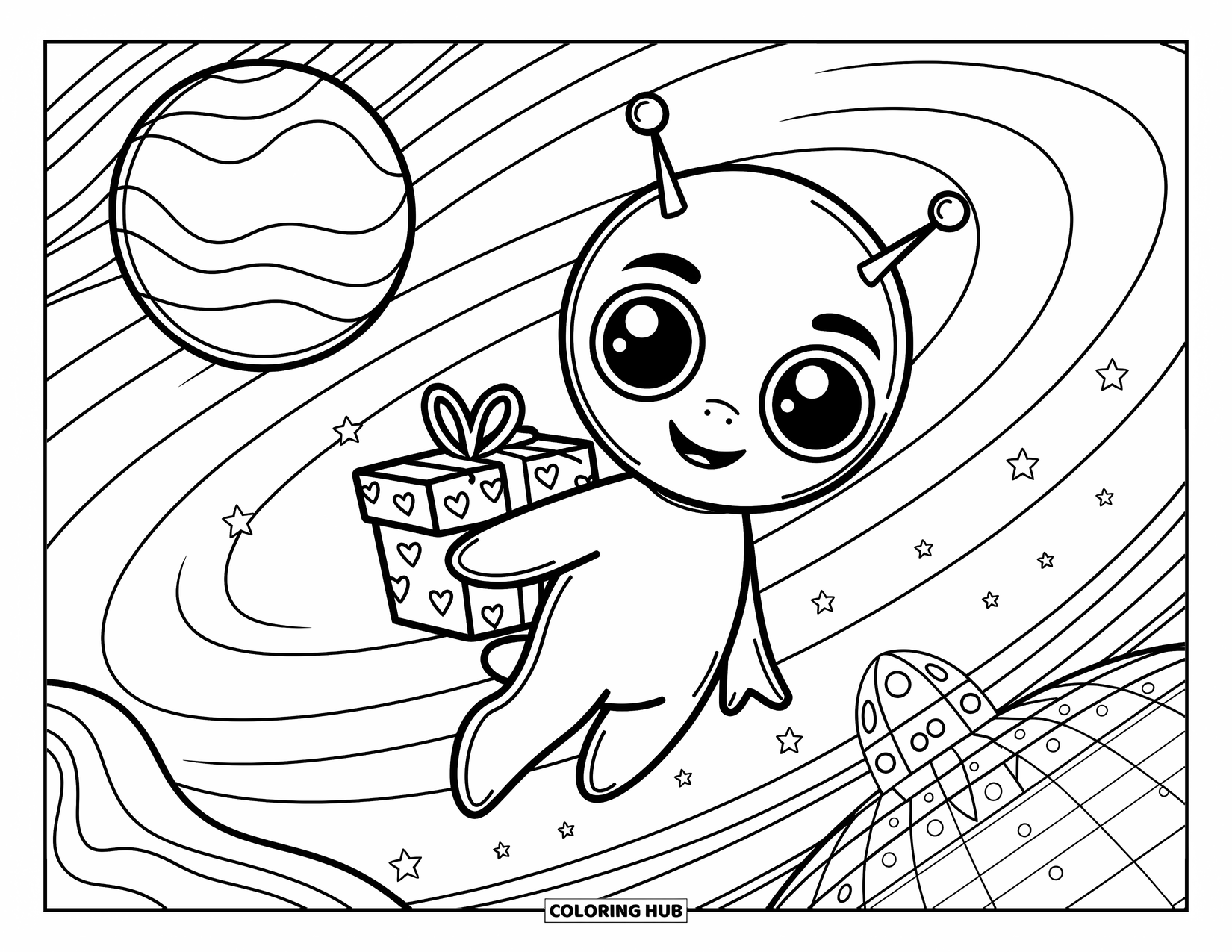 Coloriage d'alien pour adultes : Un alien flotte avec une boîte cadeau près d'une station spatiale brillante et d'une planète rêveuse