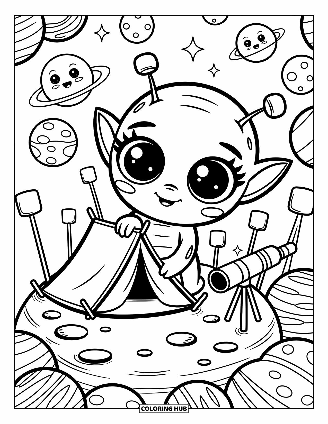 Coloriage d'alien pour adultes : Un alien installe un camp sur une lune, entouré d'étoiles et de planètes joyeuses