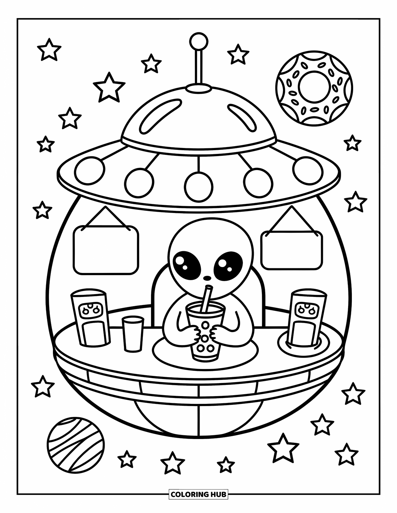 Coloriage d'alien pour adultes : Un alien sirote du thé aux bulles à l'intérieur d'un OVNI confortable près d'une planète en forme de beignet