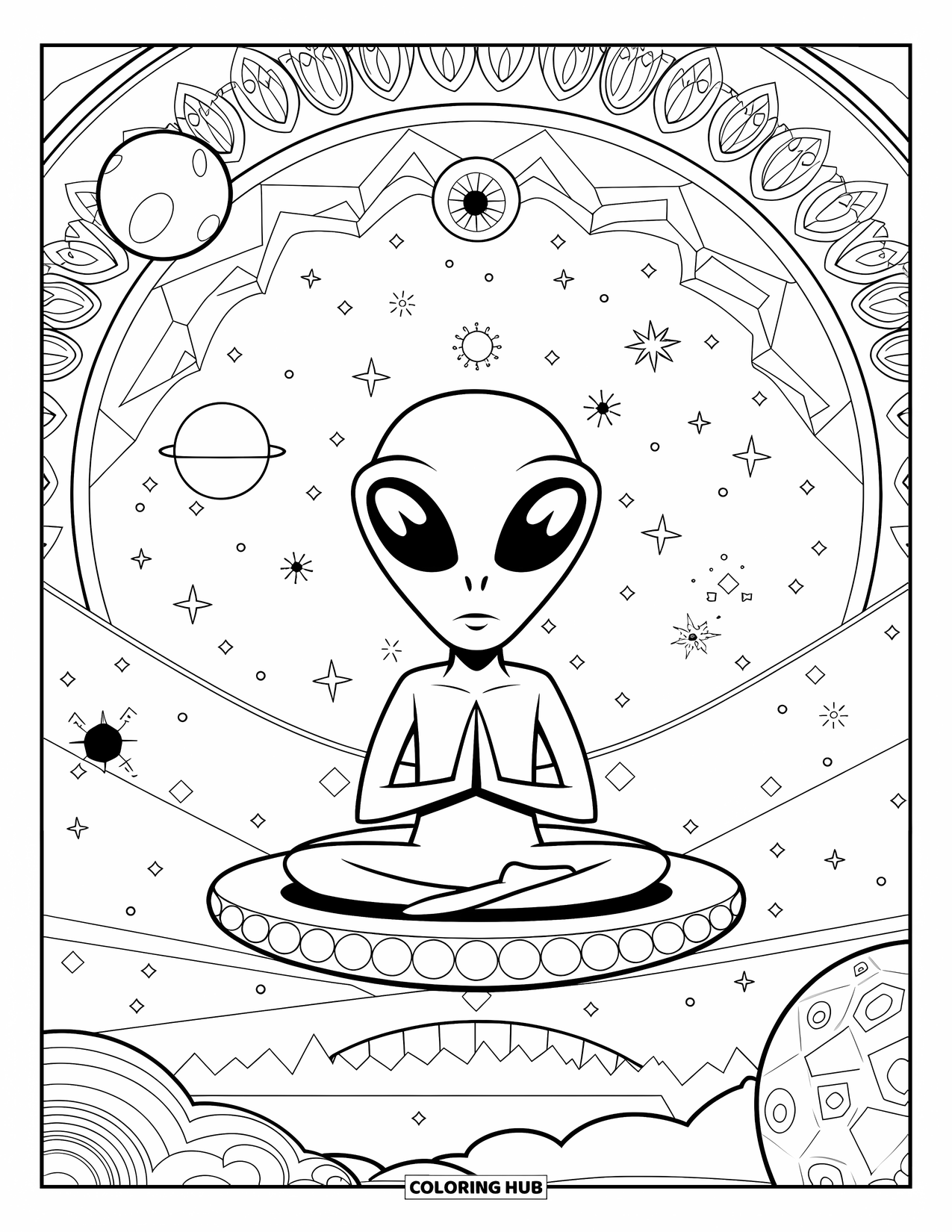 Coloriage d'alien pour adultes : Un alien est assis calmement sur une plate-forme flottante entourée d'étoiles et d'un œil géant