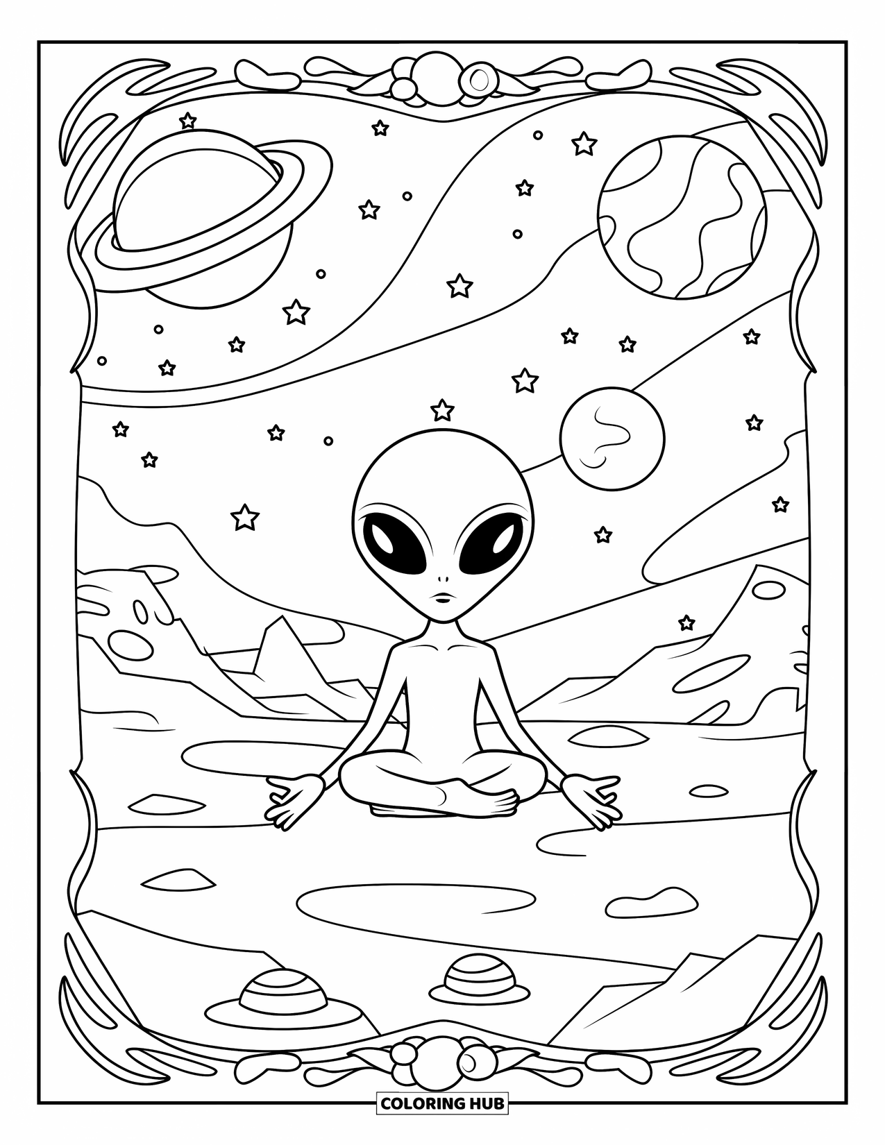 Coloriage d'alien pour adultes : Un alien est assis les jambes croisées dans l'espace, entouré de planètes et de motifs tourbillonnants