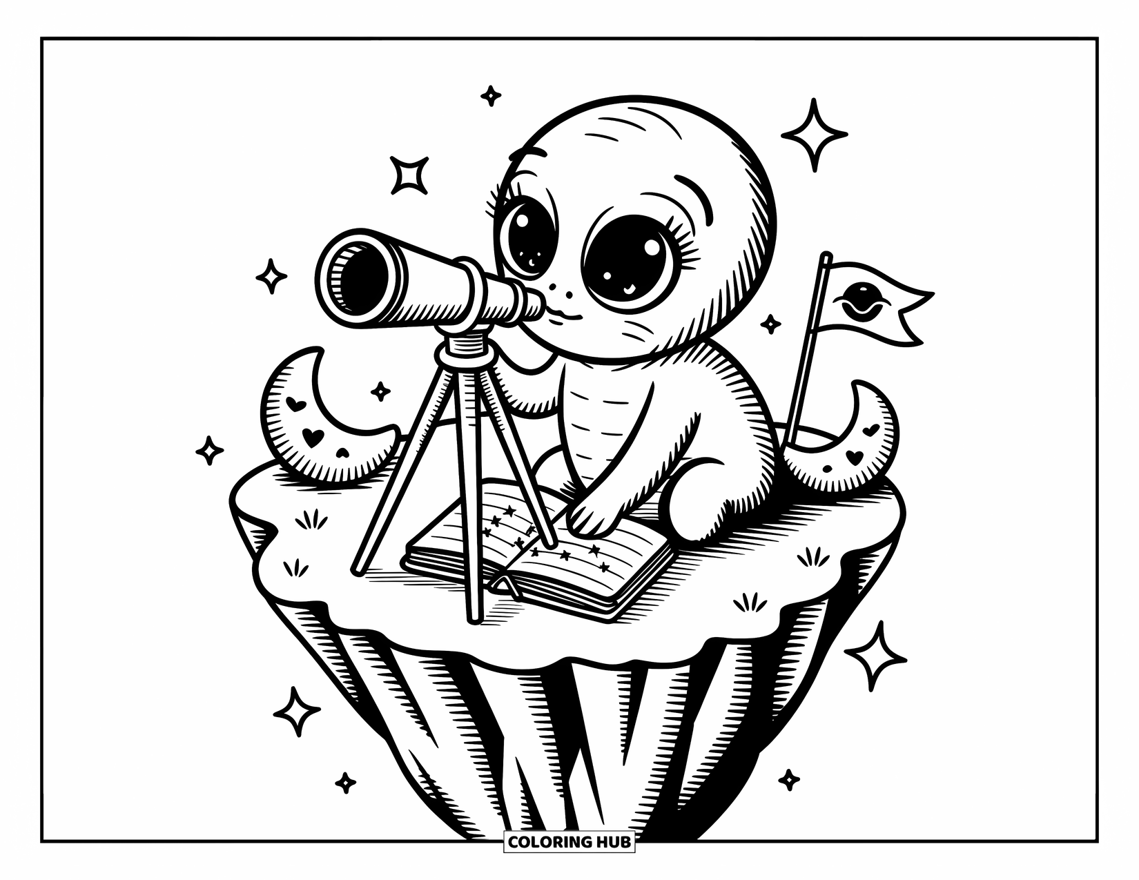 Coloriage d'alien pour adultes : Un alien étudie les constellations avec un télescope sur une falaise flottante avec des oreillers de lune