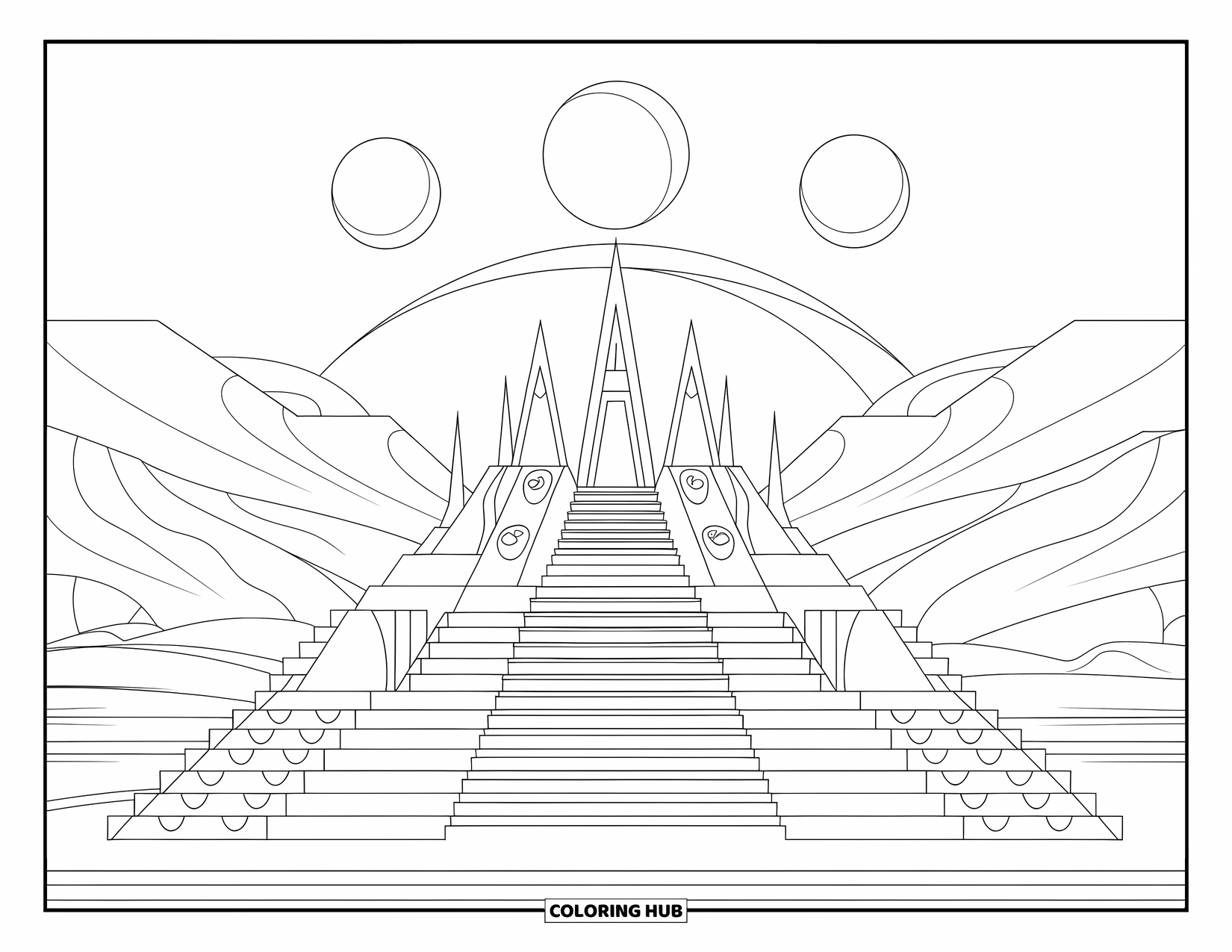 Coloriage d'alien pour adultes : Un temple alien avec des escaliers et des lunes sous un ciel calme avec des marques étranges