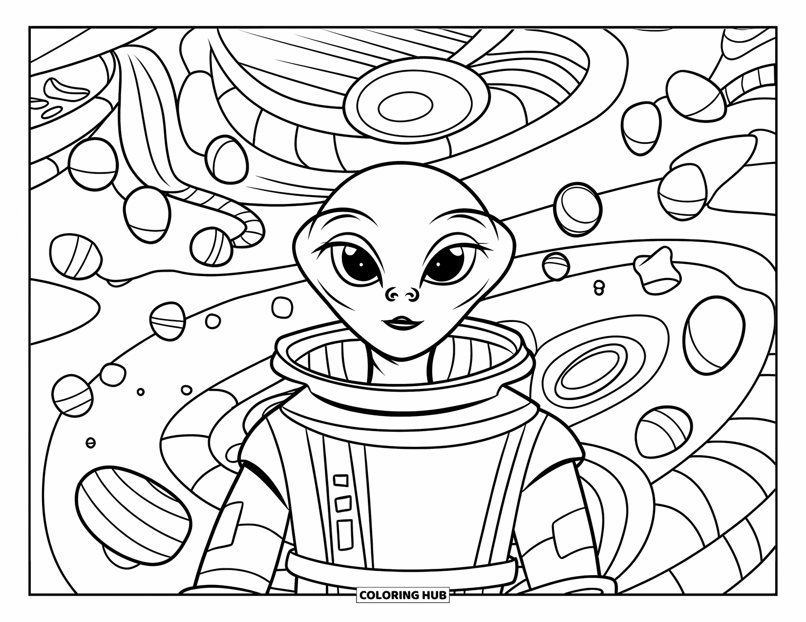 Coloriage d'alien pour adultes : Un alien avec de grands yeux se détend parmi des plantes spatiales tourbillonnantes dans l'espace profond