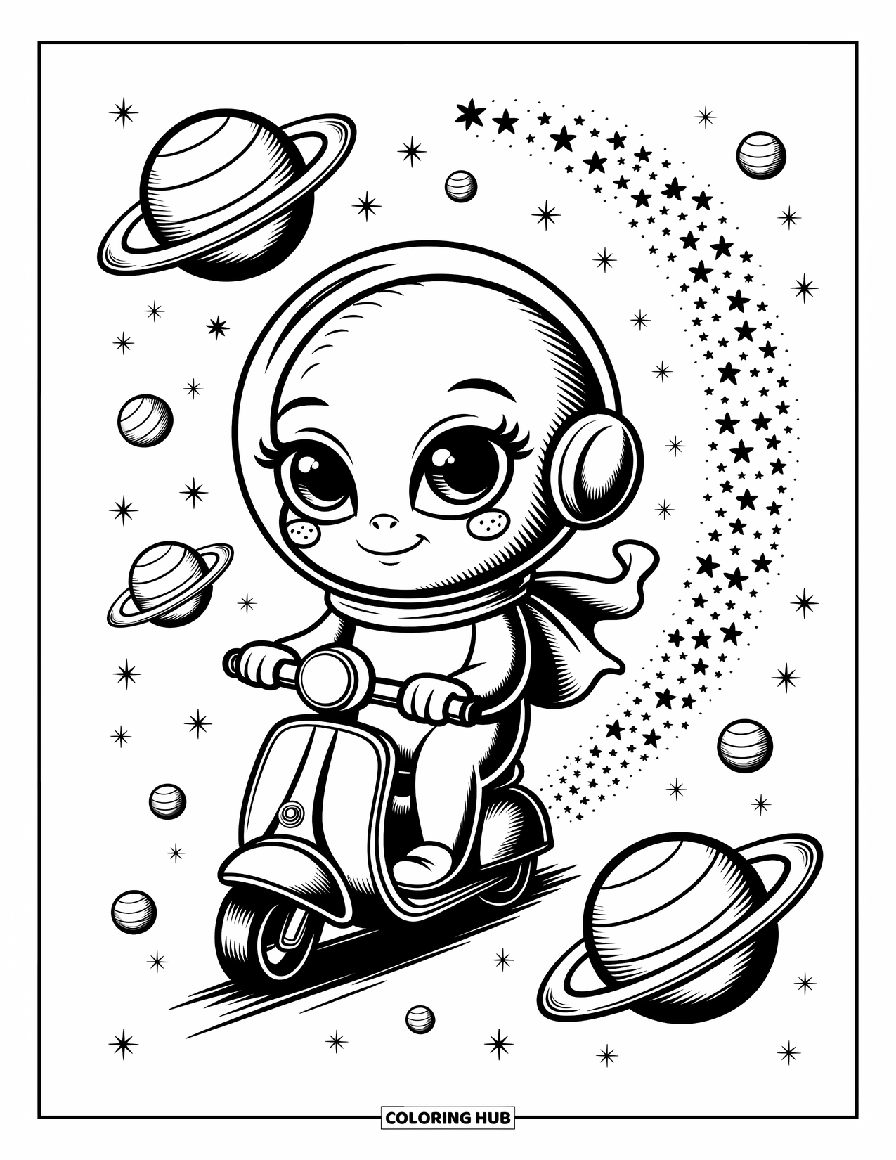 Coloriage d'alien pour adultes : Un alien traverse une pluie de météores sur un scooter, laissant derrière lui des étoiles scintillantes