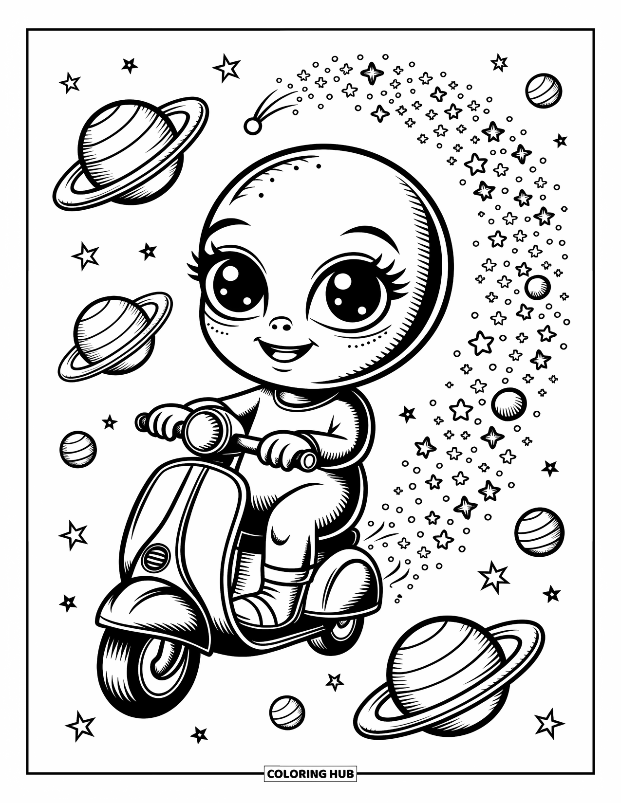 Coloriage d'alien pour adultes : Un alien dépasse des planètes de bonbons sur un scooter, traînant des étoiles scintillantes