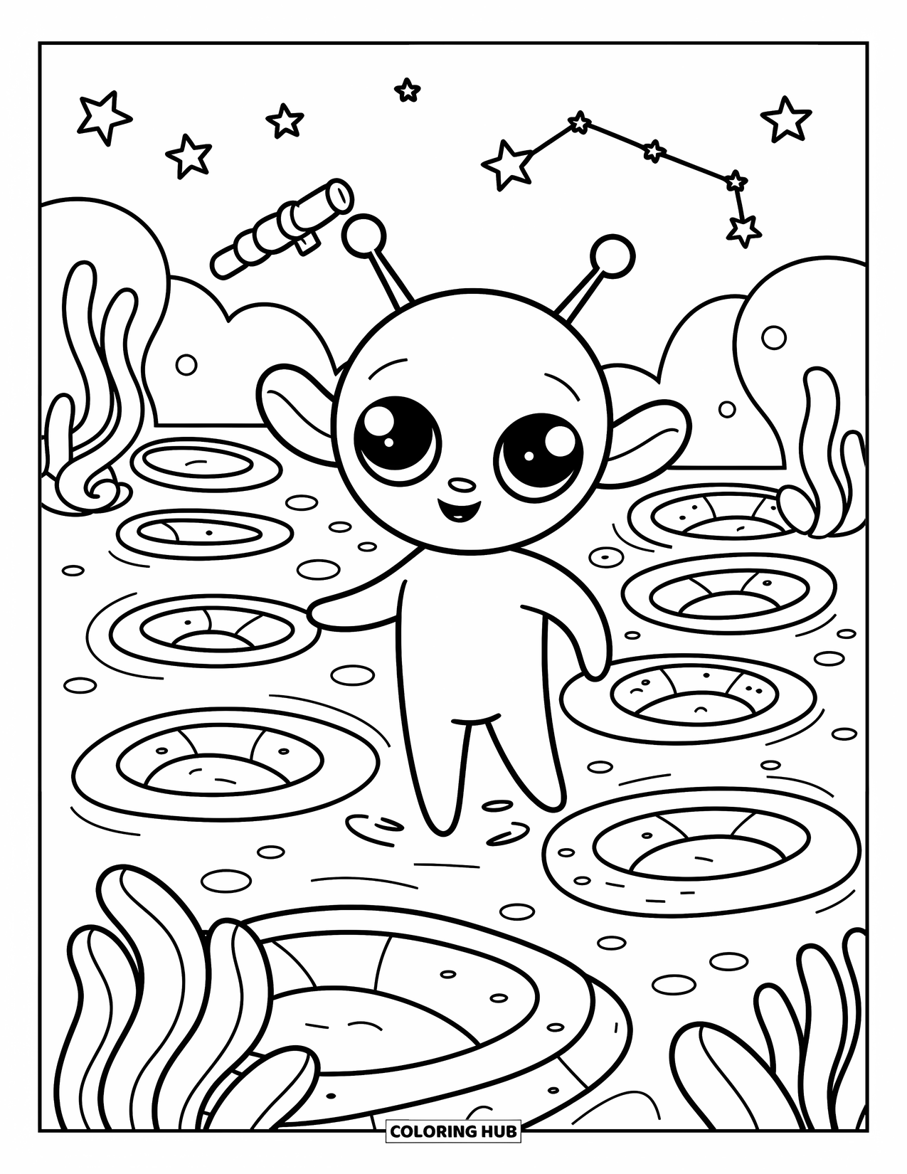 Coloriage d'alien pour adultes : Un alien excité joue près de plantes gélatineuses avec un télescope pointant vers les étoiles