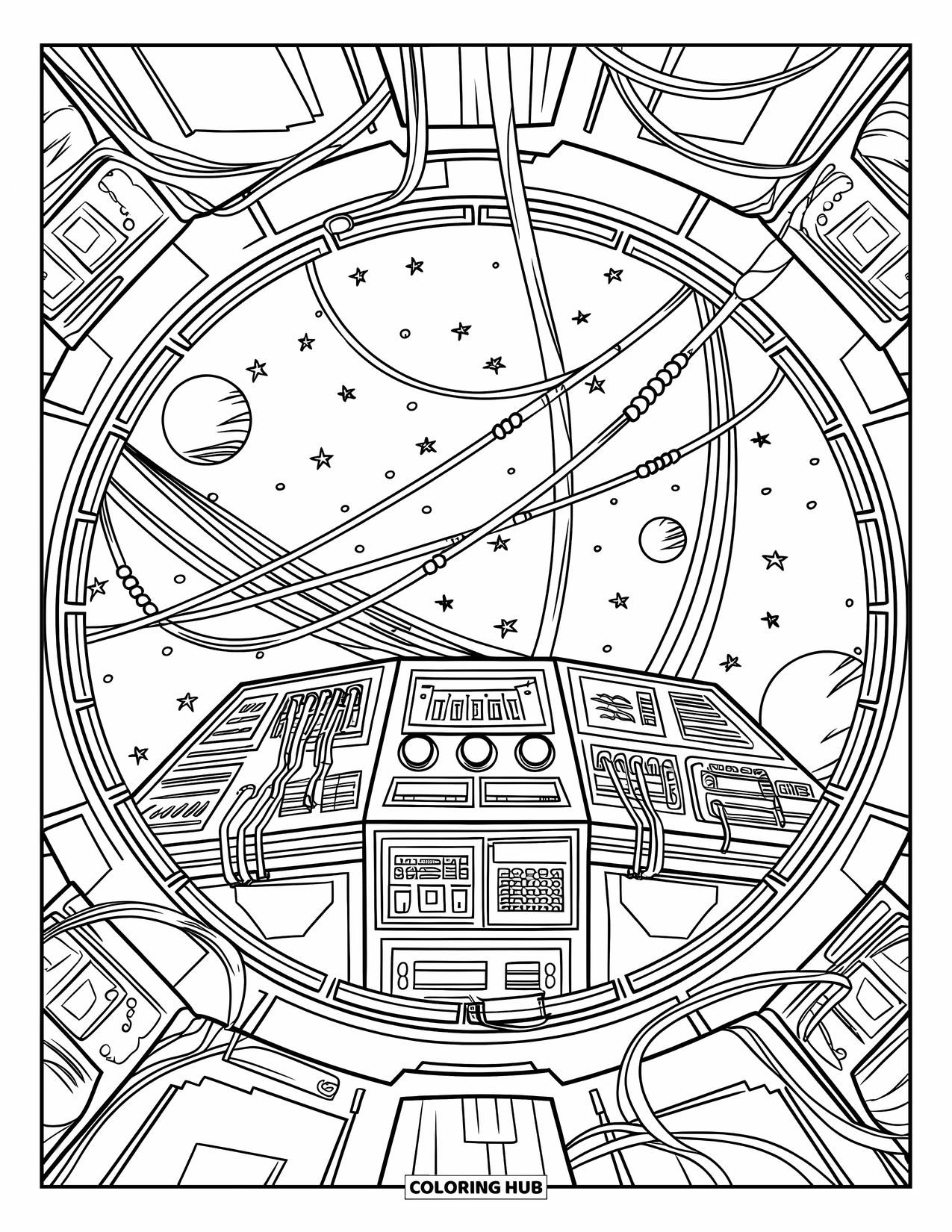 Coloriage d'alien pour adultes : À l'intérieur d'un vaisseau spatial rempli de technologie alien, de boutons, de câbles et d'écrans flottants