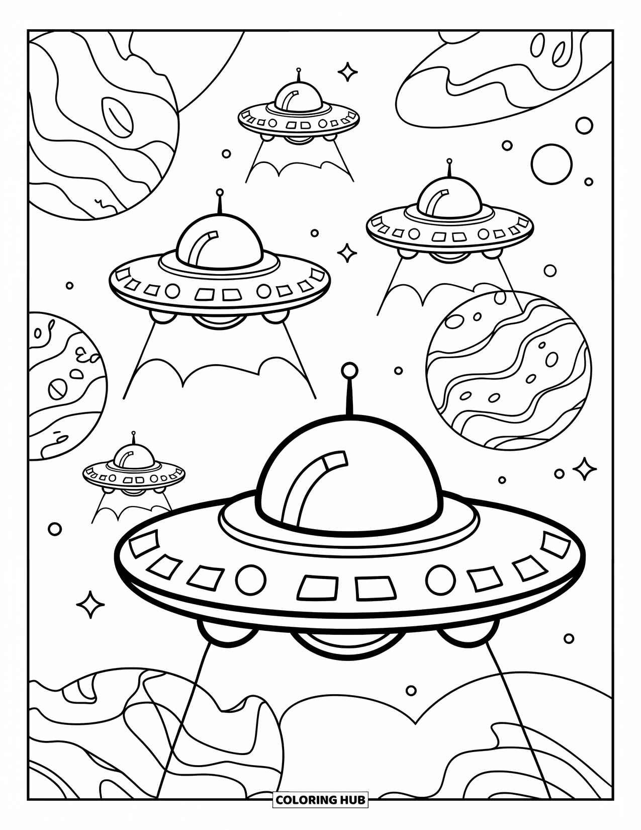 Coloriage d'alien pour adultes : Plusieurs OVNI planent au-dessus d'étranges planètes avec des lunes et des étoiles dans le ciel