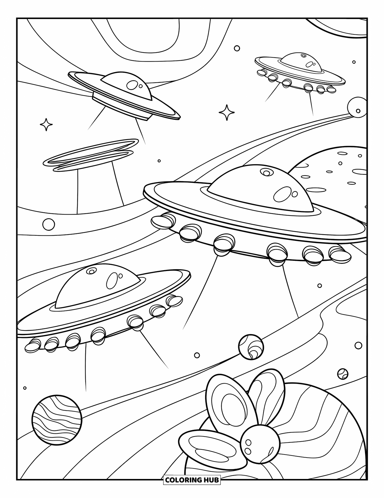 Coloriage d'alien pour adultes : Des OVNI dérivent au-dessus de planètes rêveuses avec des pétales et des étoiles dans un ciel magique