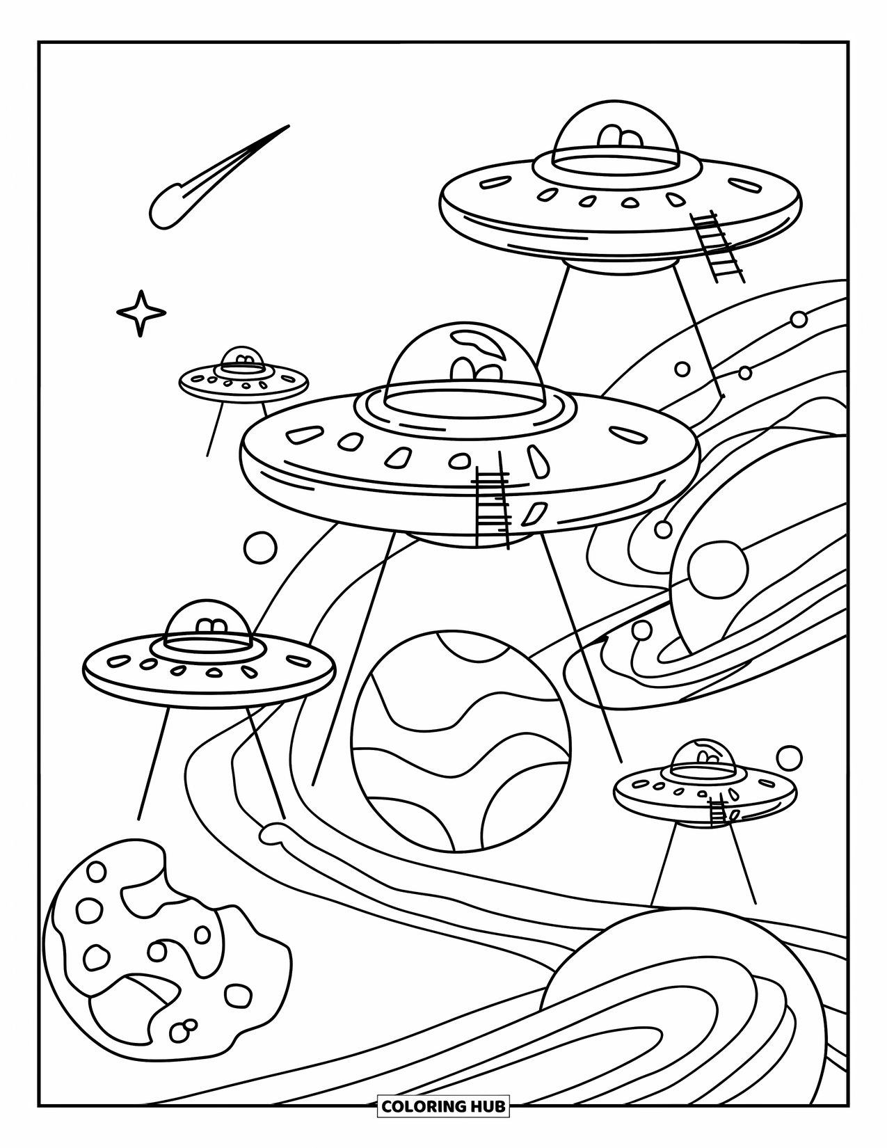 Coloriage d'alien pour adultes : Des OVNI flottent au-dessus de planètes de formes étranges tandis qu'une étoile filante traverse le ciel