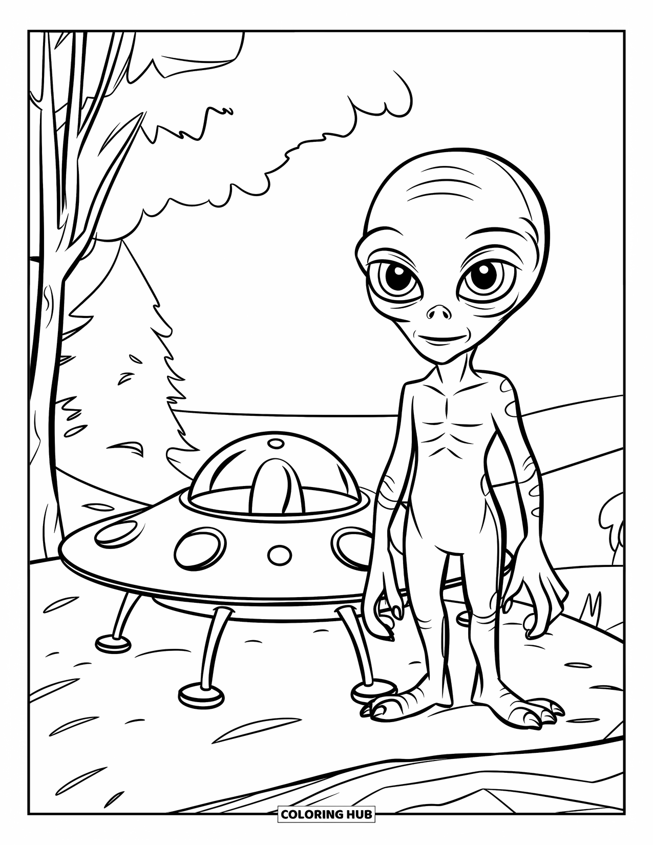 Coloriage d'alien pour enfants : Un alien et un petit OVNI en forme de soucoupe se reposent sur une colline près des arbres